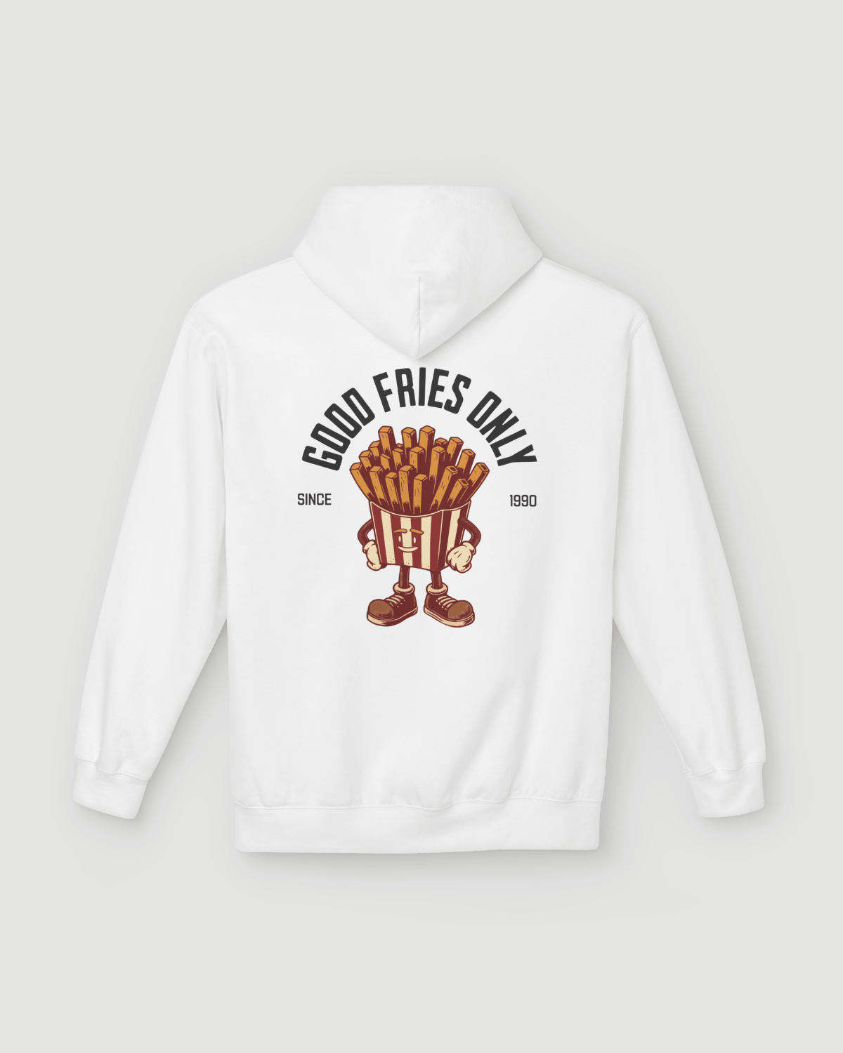 Good Fries Only Retro French Fries Hoodie – White featuring a vintage fries character on the back.