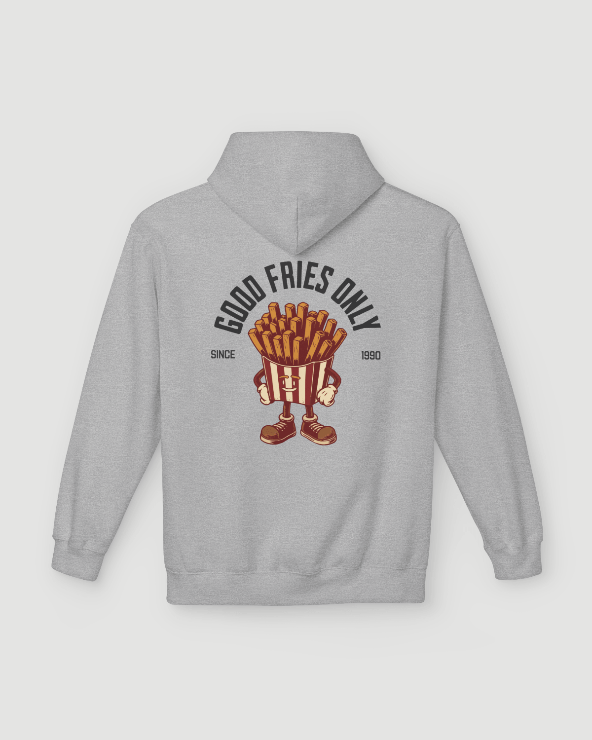 Good Fries Only Retro French Fries Hoodie – Sport Grey back graphic with retro fries character.