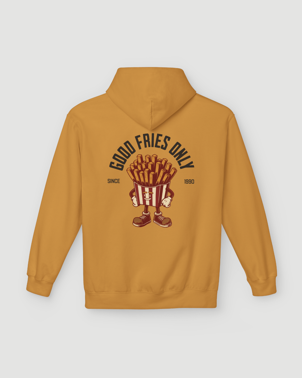 Good Fries Only Retro French Fries Hoodie – Mustard featuring a vintage fries graphic on the back.
