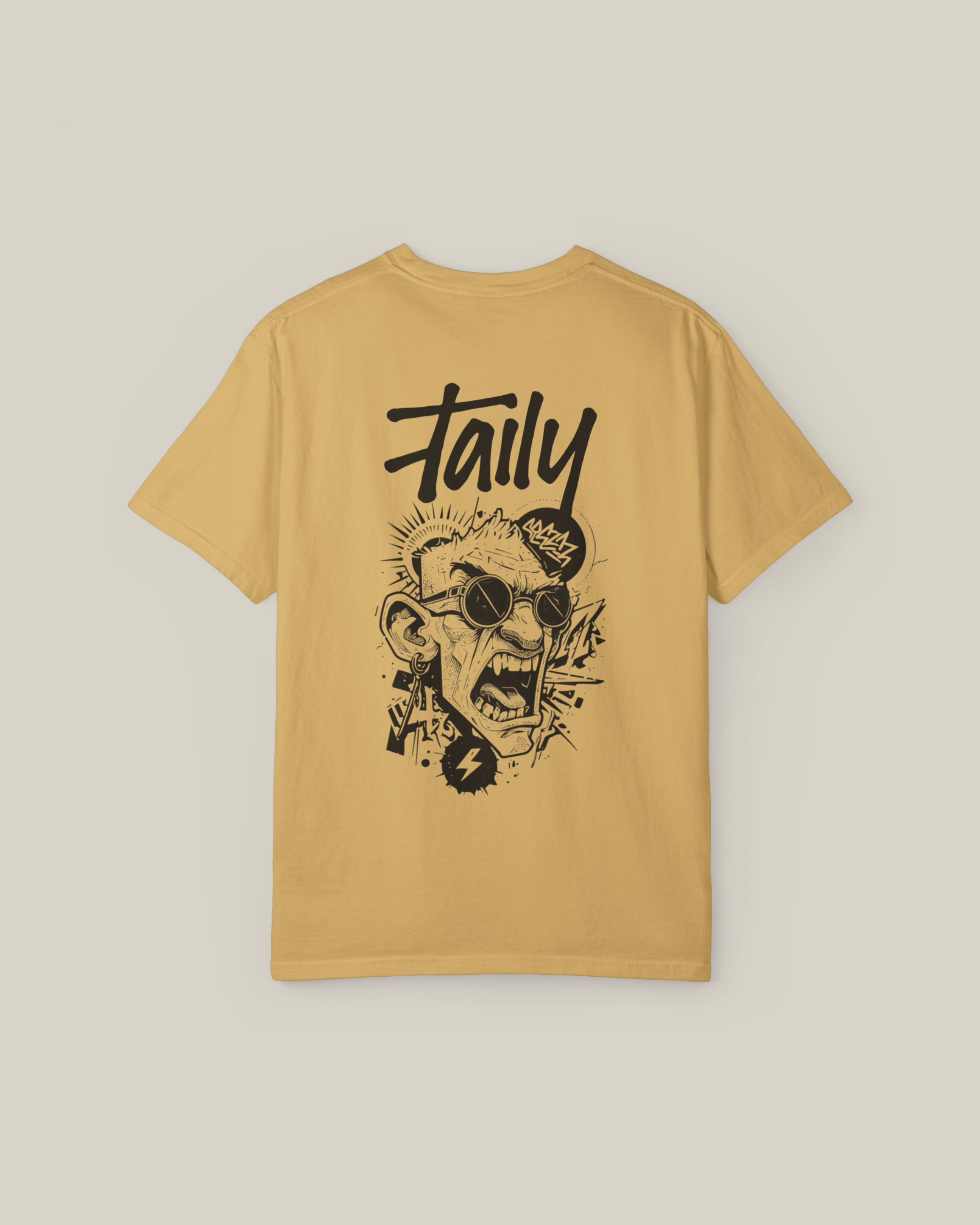 Taily Rage Streetwear Tee in mustard, featuring streetwear graphic t-shirt with bold back artwork and clean chest logo.