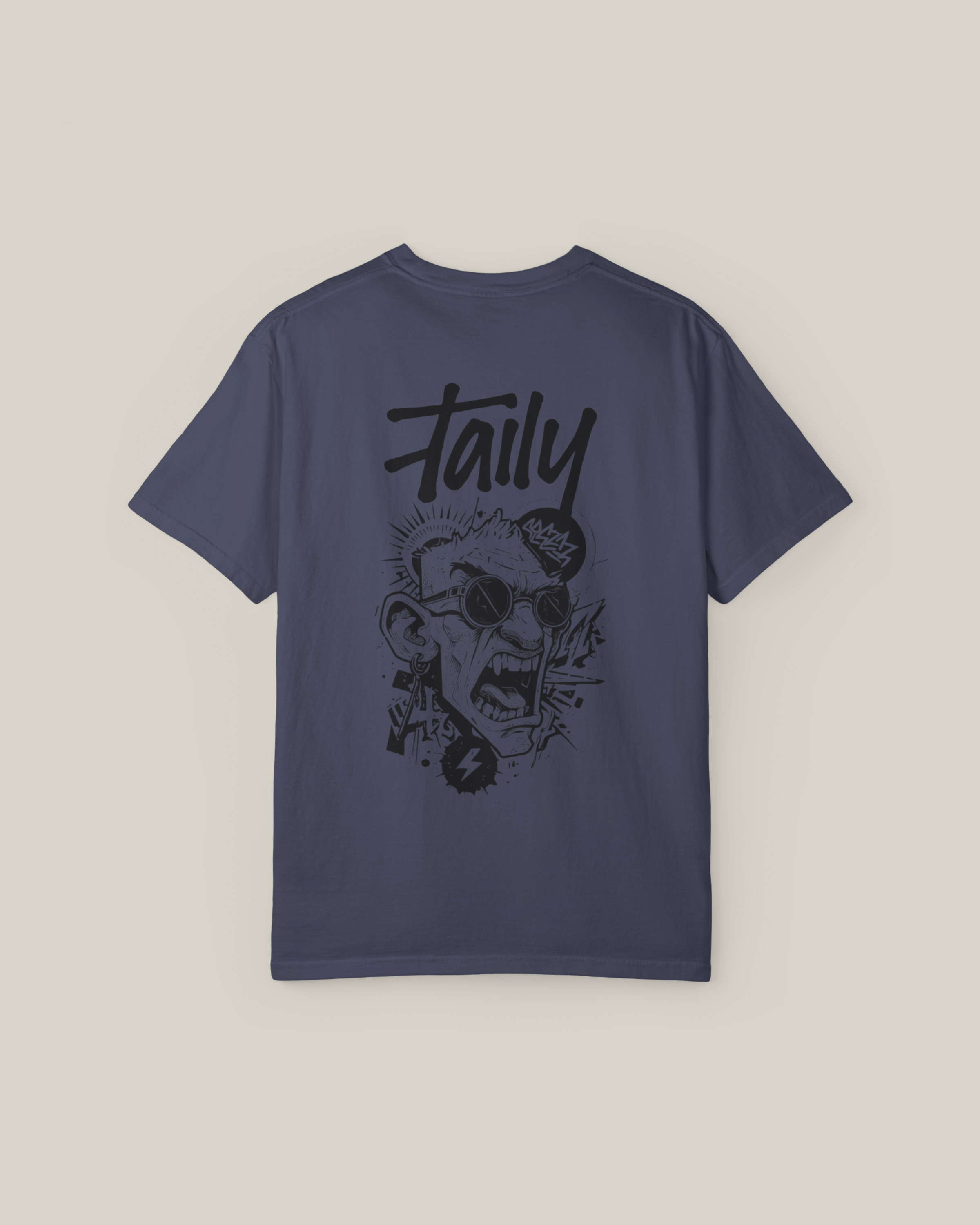 Taily Rage Streetwear Tee in denim colorway, featuring bold graphic artwork on the back and a clean logo, perfect streetwear graphic t-shirt.
