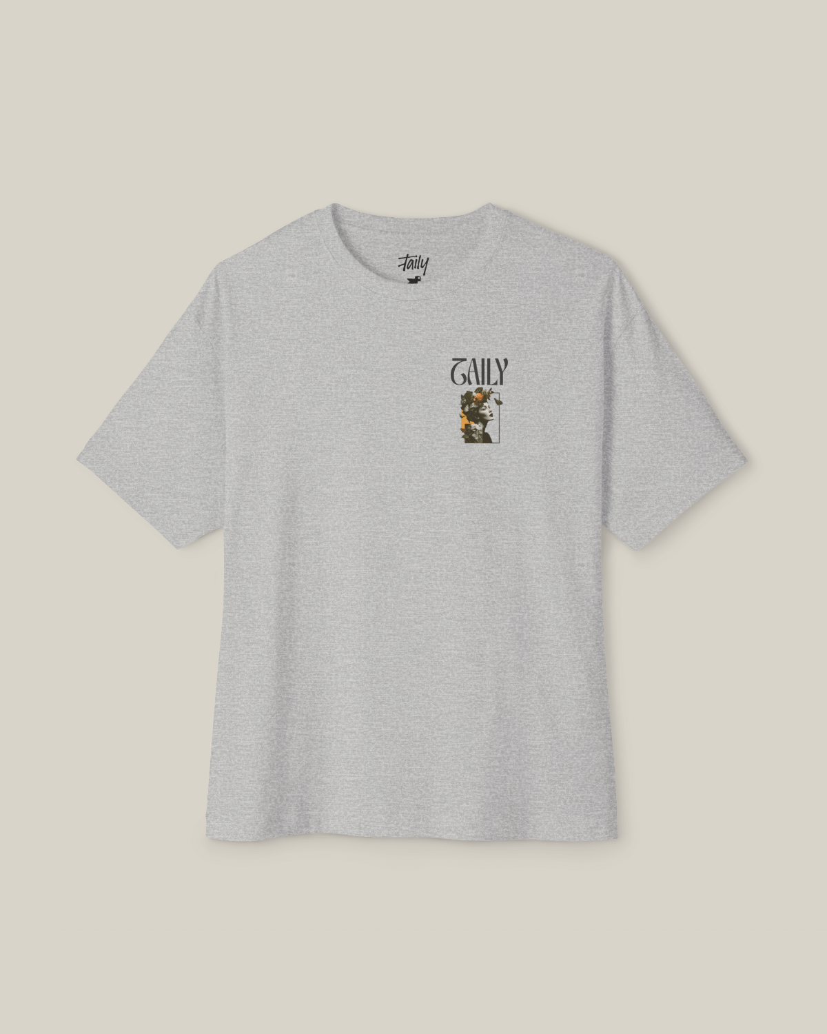 Taily Wonders vintage boxy t-shirt in Athletic Gray with floral portrait design on the front.