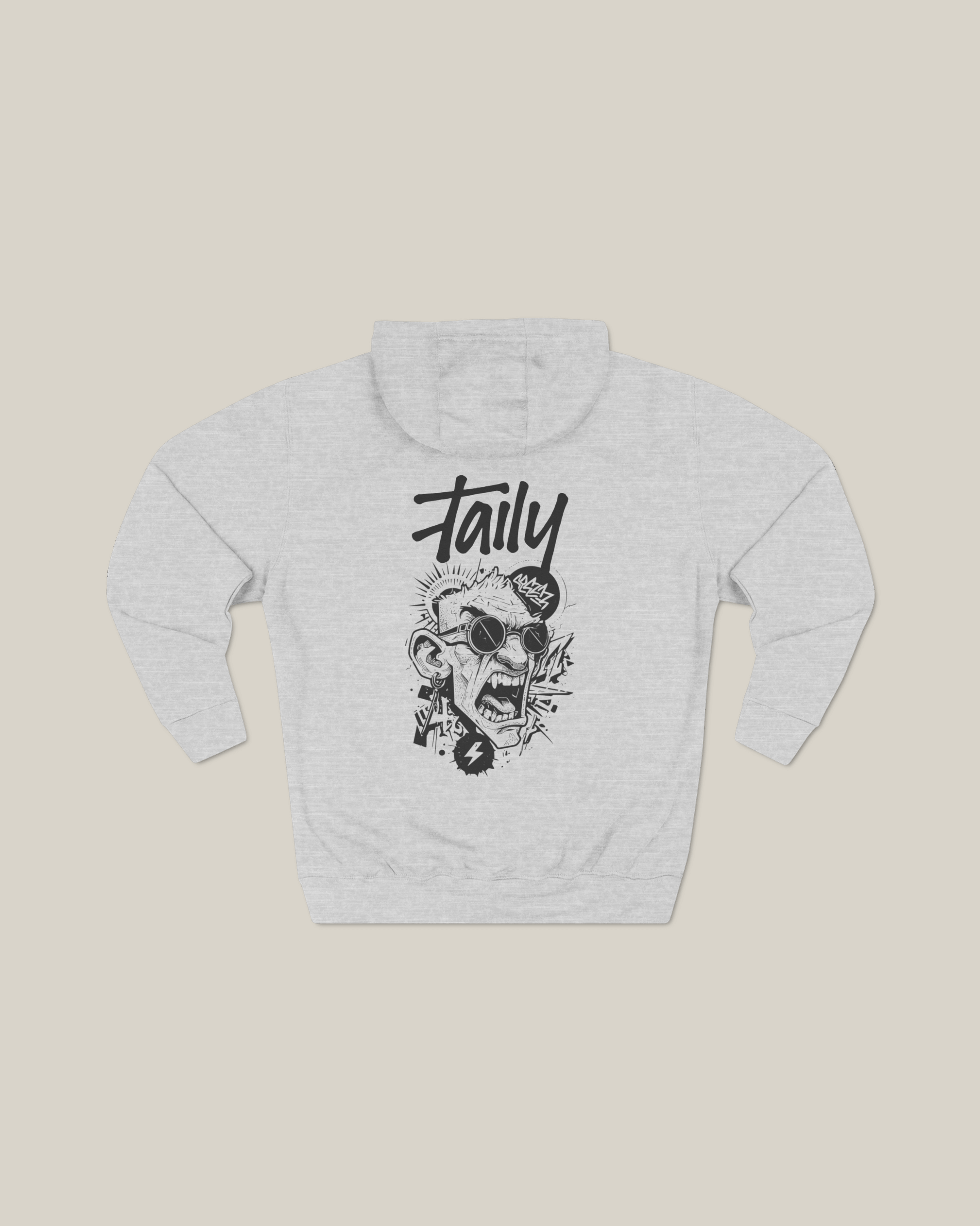 Taily Rage streetwear graphic hoodie grey with bold back artwork and front logo.