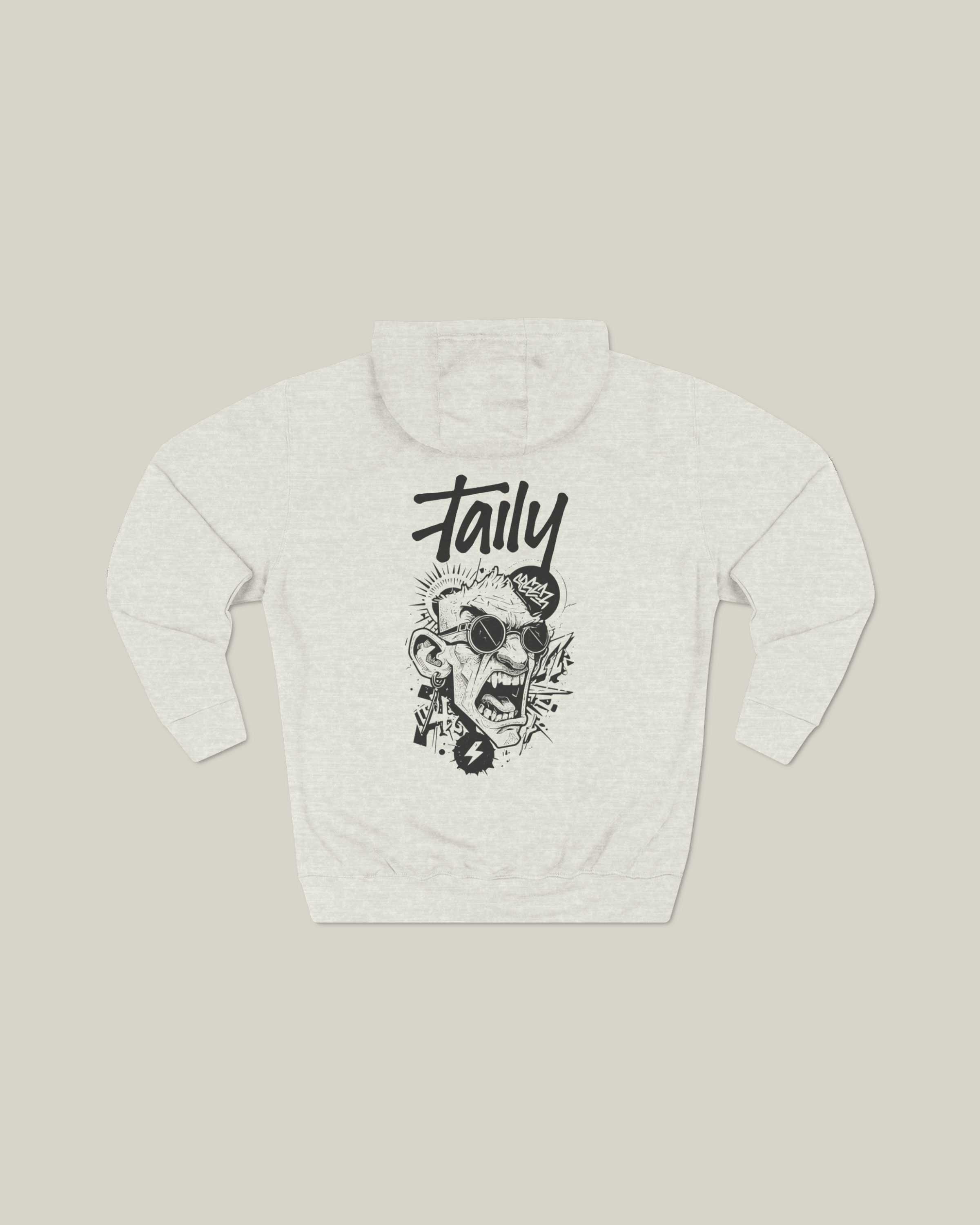 Taily Rage streetwear graphic hoodie oatmeal showcasing bold artwork on the back and clean front logo.