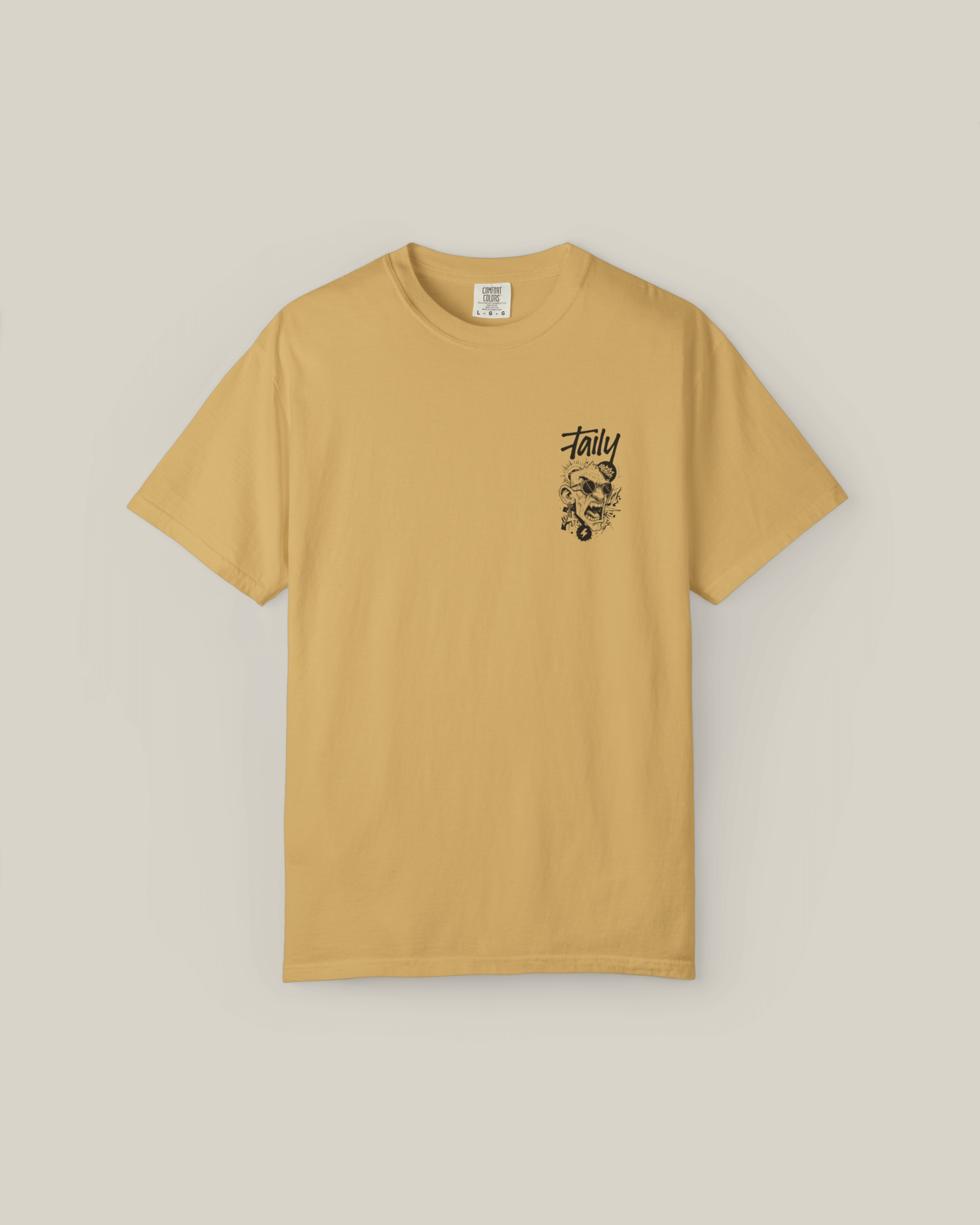 Taily Rage streetwear graphic t-shirt in mustard color, featuring a chest logo and bold back graphic.