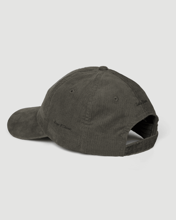 Embroidered Corduroy Cap – Vintage Milkshake Club (Olive) back view showcasing corduroy texture and adjustable strap.