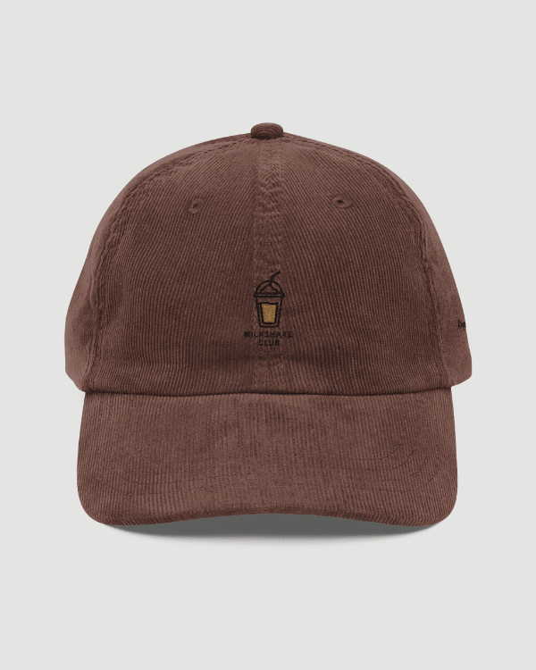 Embroidered Corduroy Cap – Vintage Milkshake Club (Dark Brown) featuring Milkshake Club logo on front.