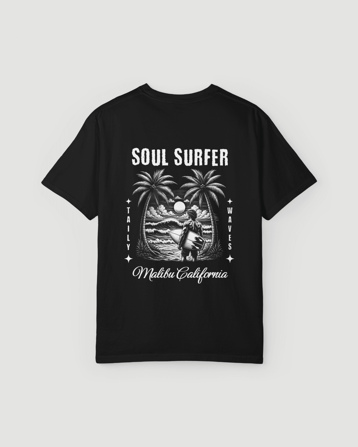 Soul Surfer Malibu Tee featuring an engraved graphic with palm trees and ocean waves.