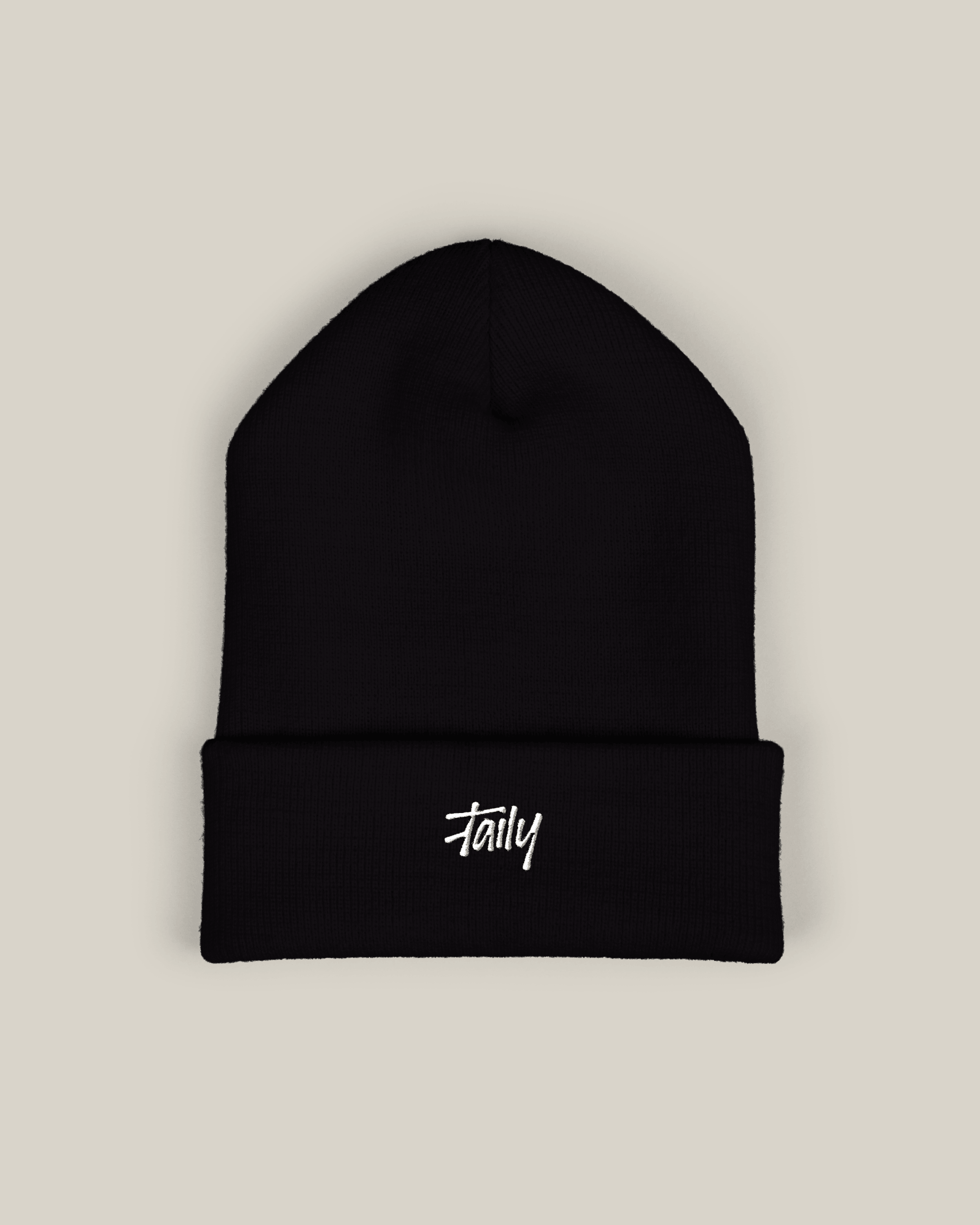 Taily embroidered beanie in classic black with subtle script logo, ideal for streetwear style.