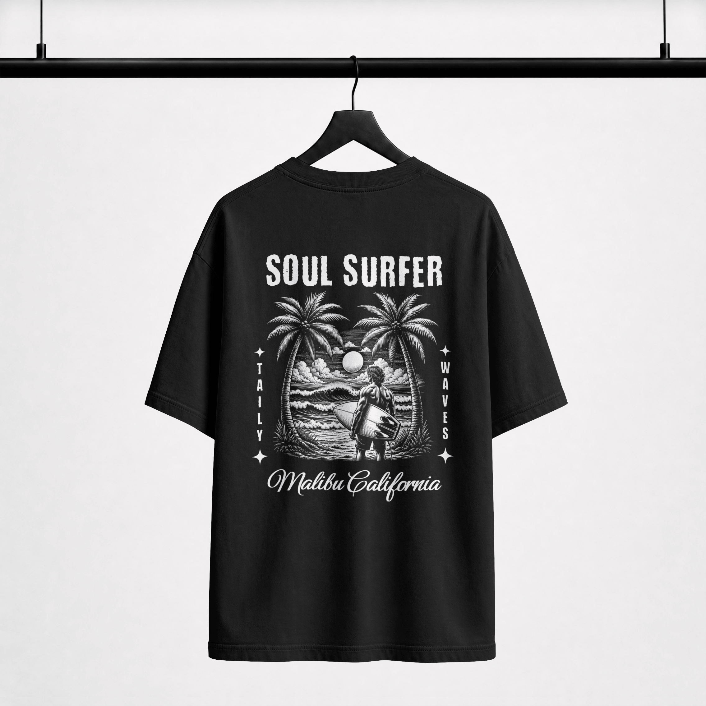 Soul Surfer Malibu Tee featuring palm trees and wave graphic, perfect for beach lovers.