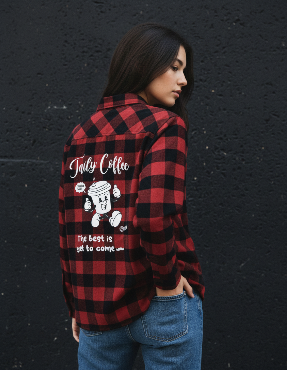 Taily Coffee flannel shirt in red with cheerful character graphic on back.