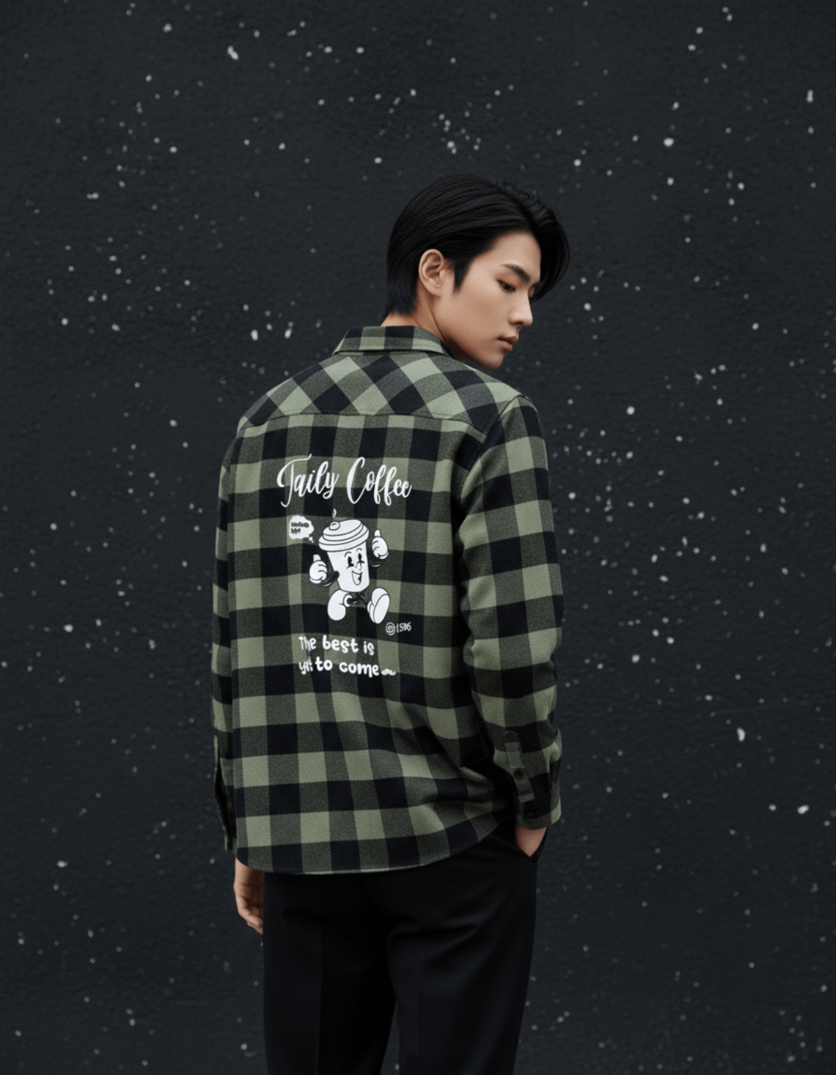 Taily Coffee flannel shirt in Olive worn by a model showcasing the back graphic design.