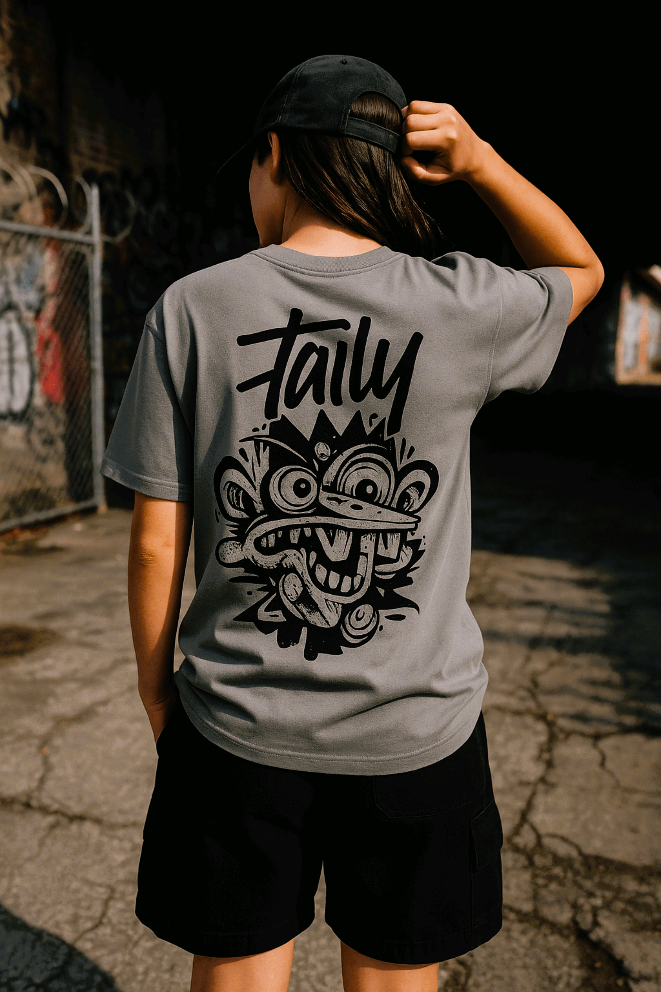 Person wearing Taily Totem Power Tee in granite with bold totem artwork on the back.