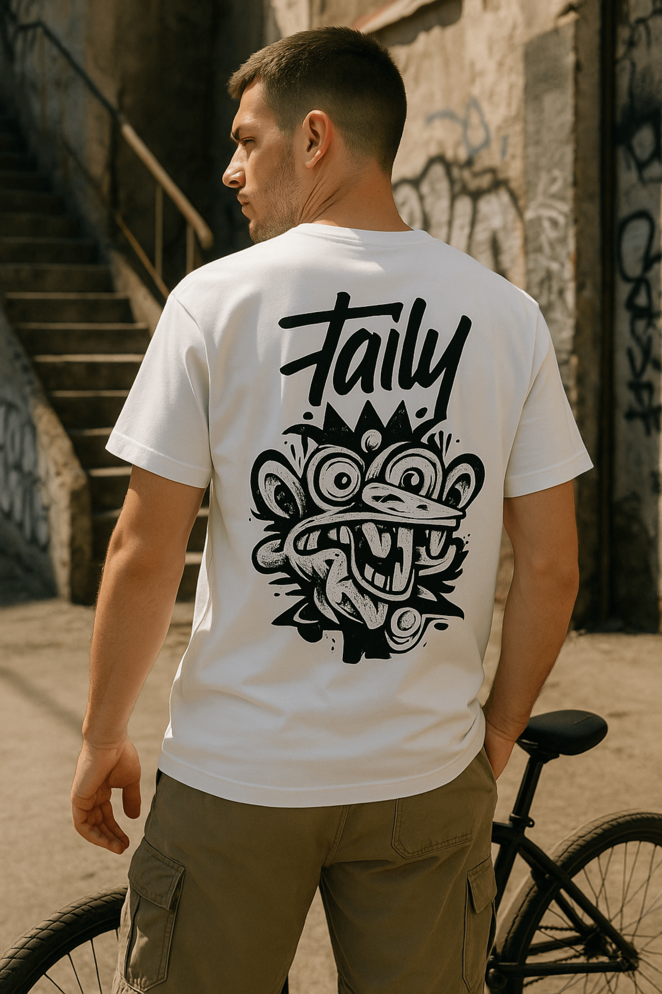 Taily Totem Power Tee in white featuring bold totem artwork on the back, perfect for streetwear style.