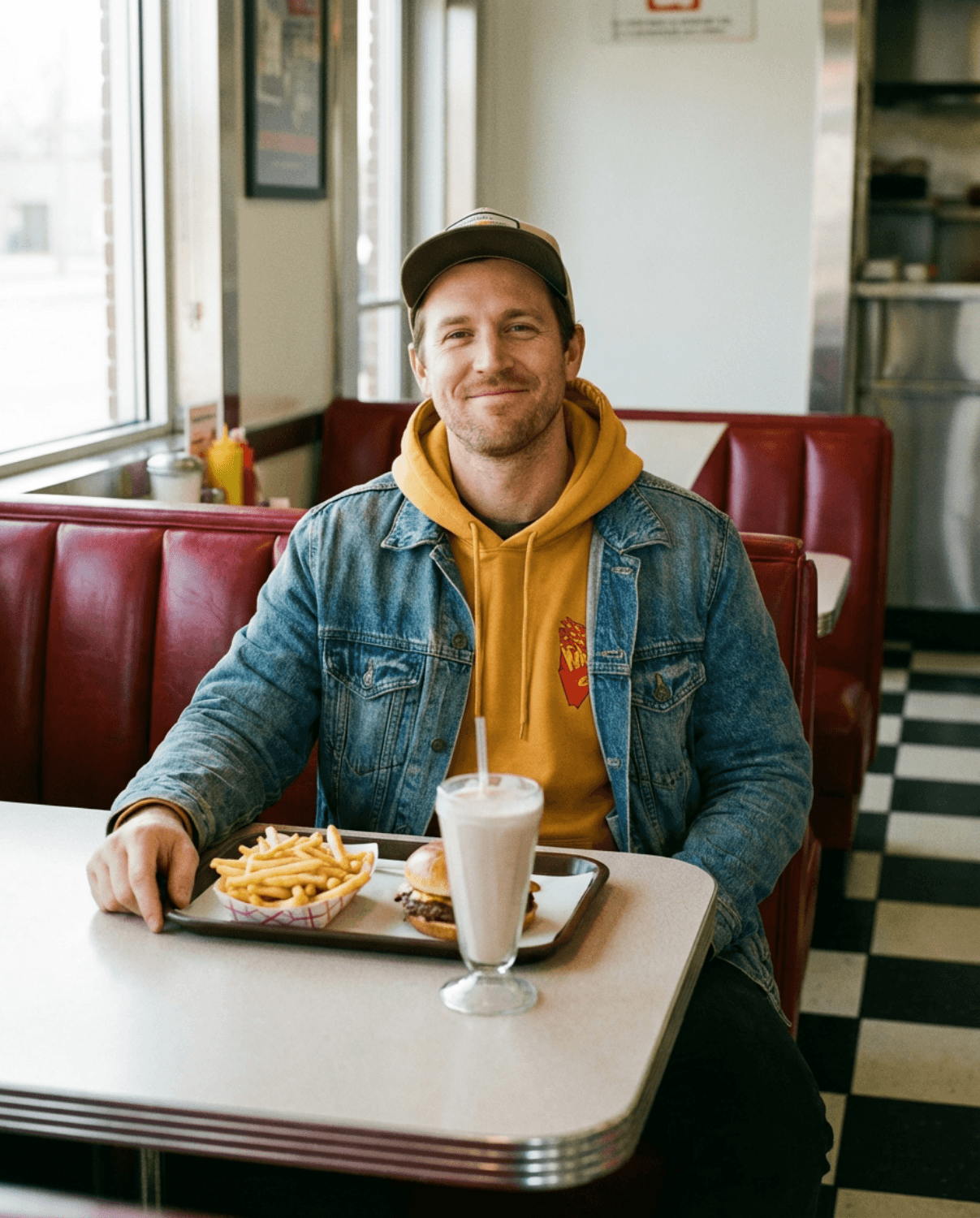 Man wearing Good Fries Only Retro French Fries Hoodie – Mustard sitting at diner with fries and milkshake.