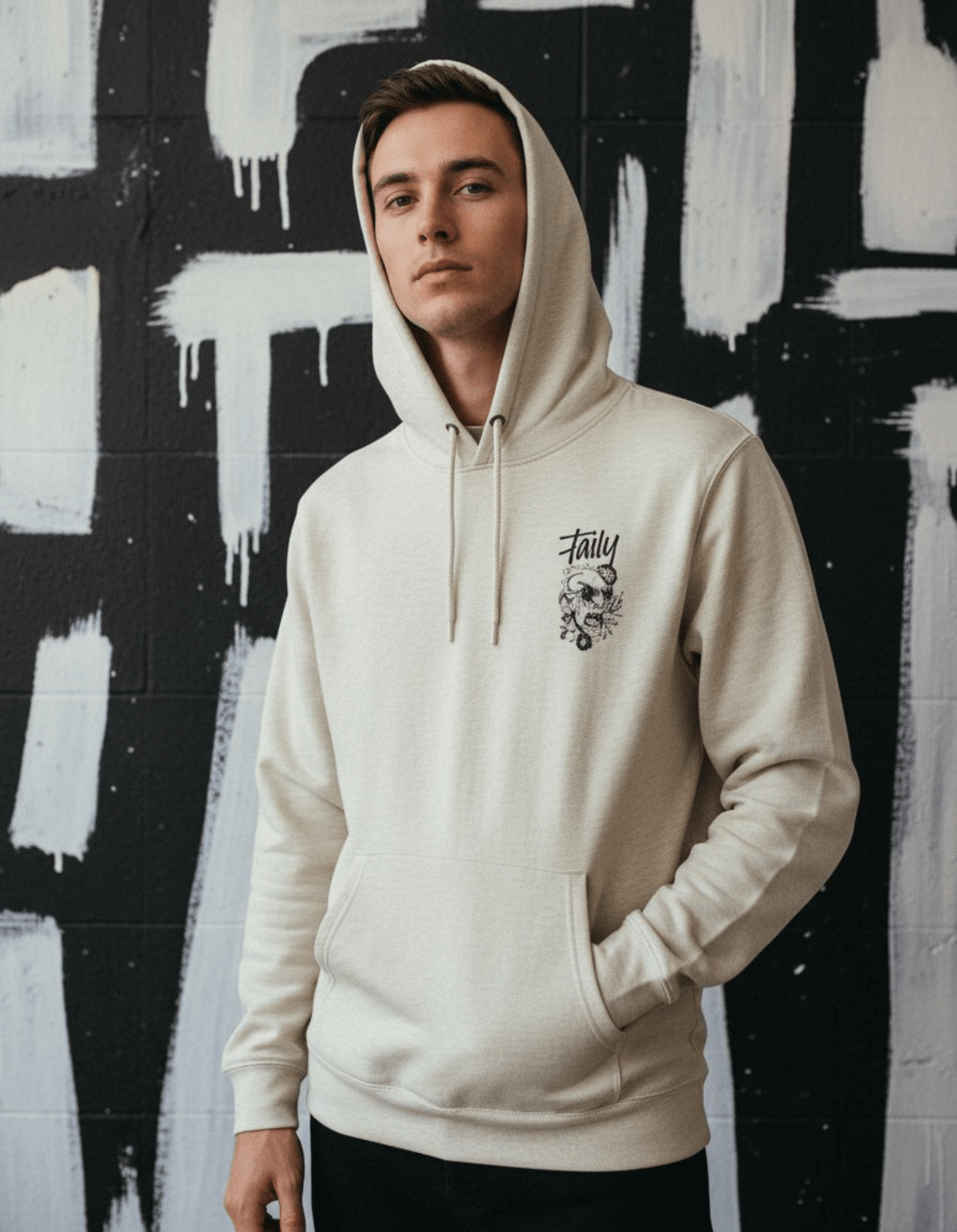 Taily Rage streetwear graphic hoodie oatmeal worn by model, showcasing urban style and bold artwork.