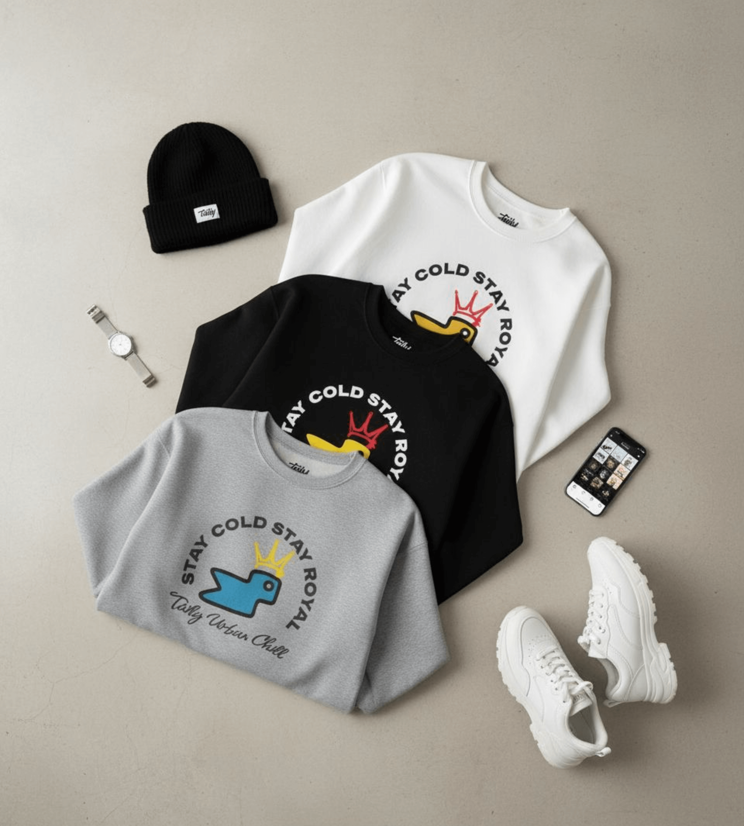 Taily Bird Stay Cold Stay Royal Streetwear Graphic Sweatshirt in black, white, and grey with urban style and crowned logo.