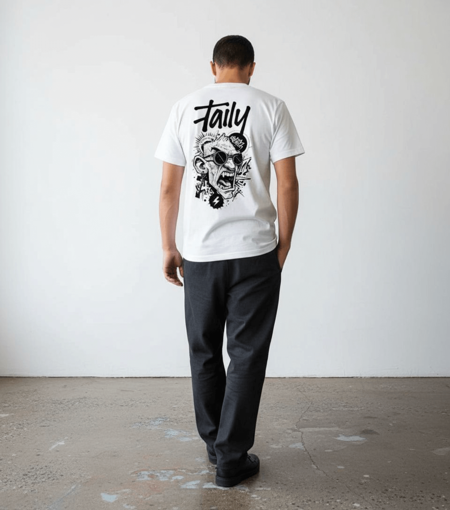 Taily Rage streetwear graphic t-shirt in white, featuring bold back graphic and logo, perfect for casual wear.