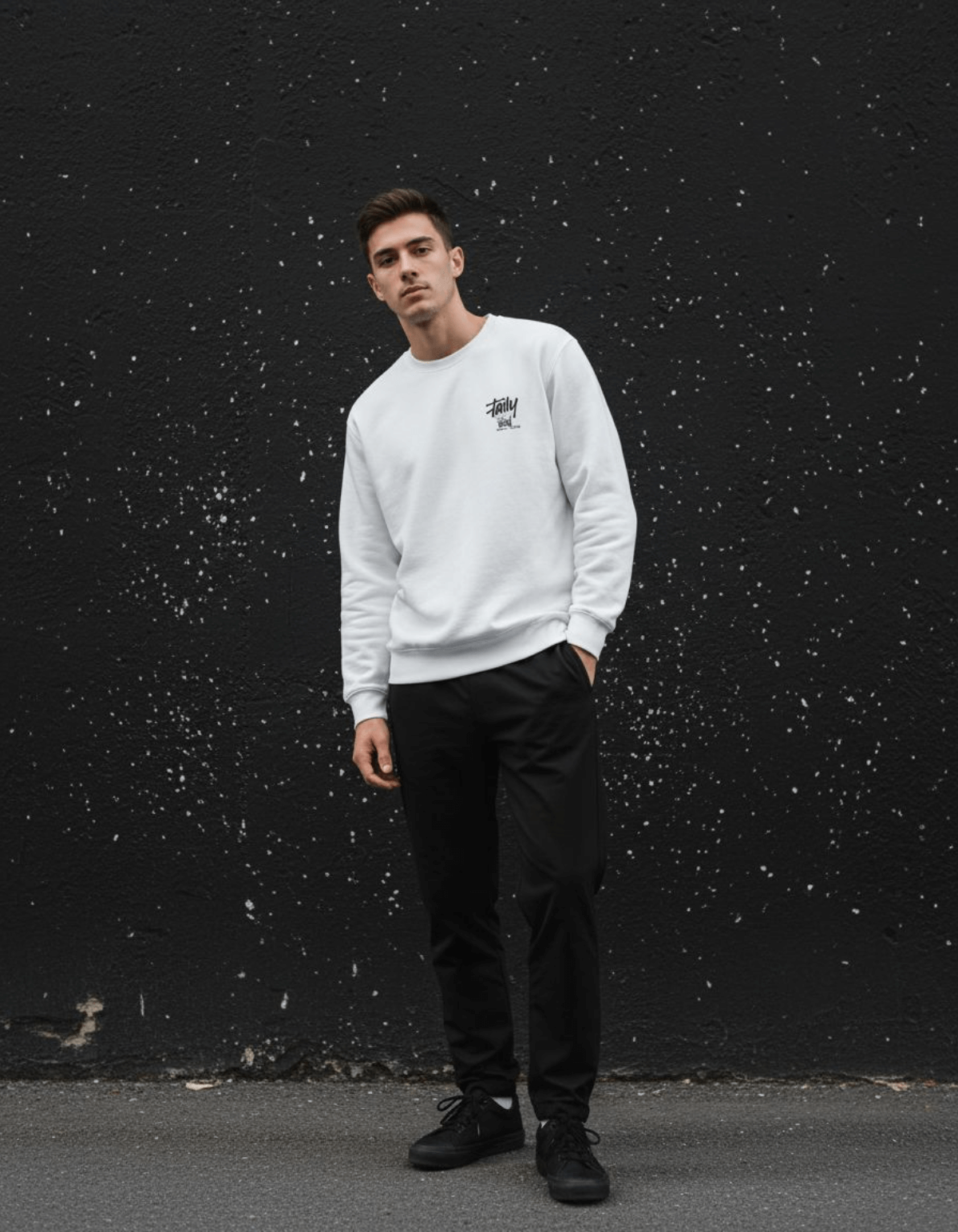 Model wearing Taily Feel It Real Sweatshirt, a streetwear graphic sweatshirt in white with a chest logo.