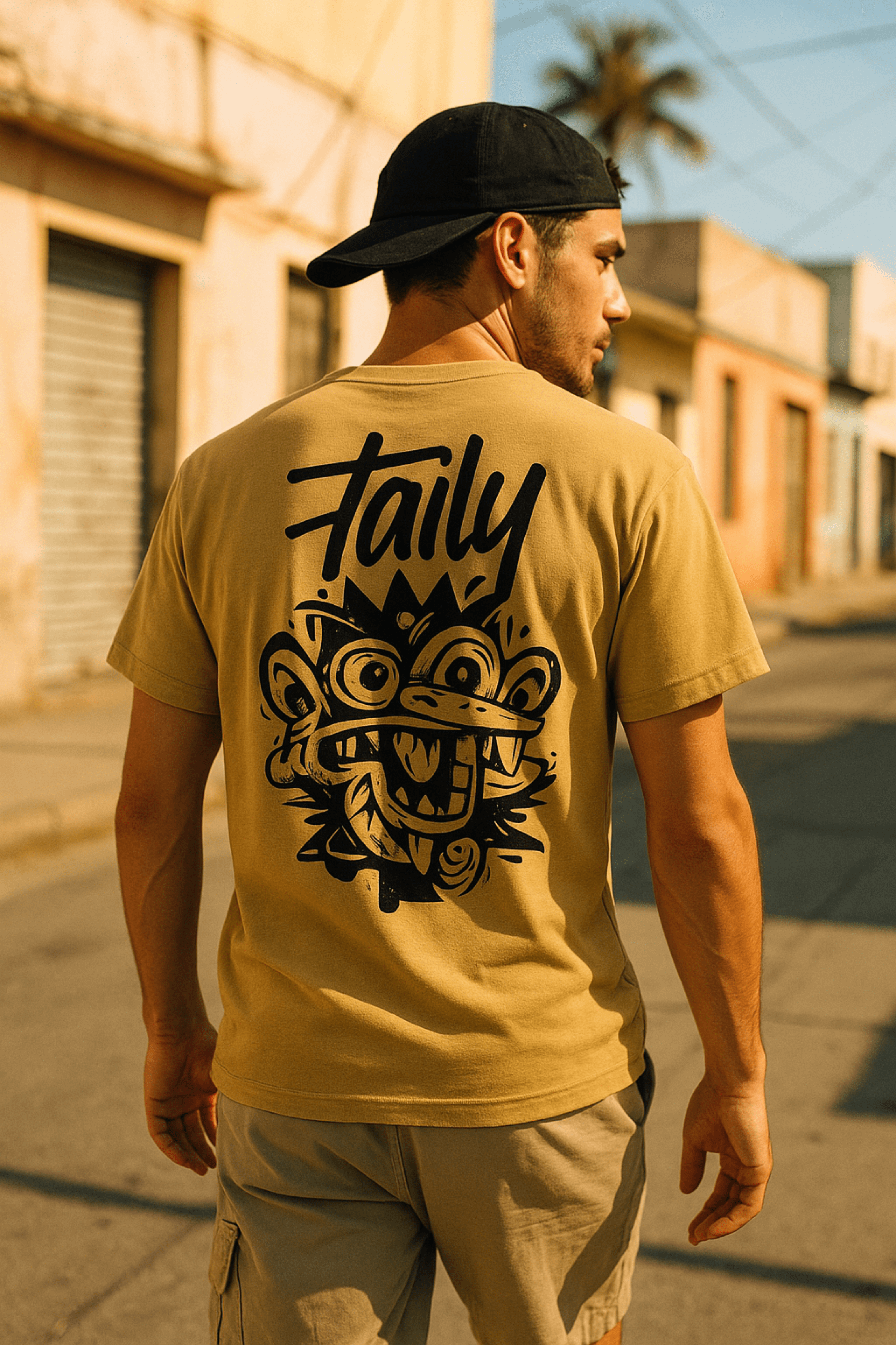 Taily Totem Power Tee in mustard featuring bold totem artwork on the back, showcasing streetwear style.