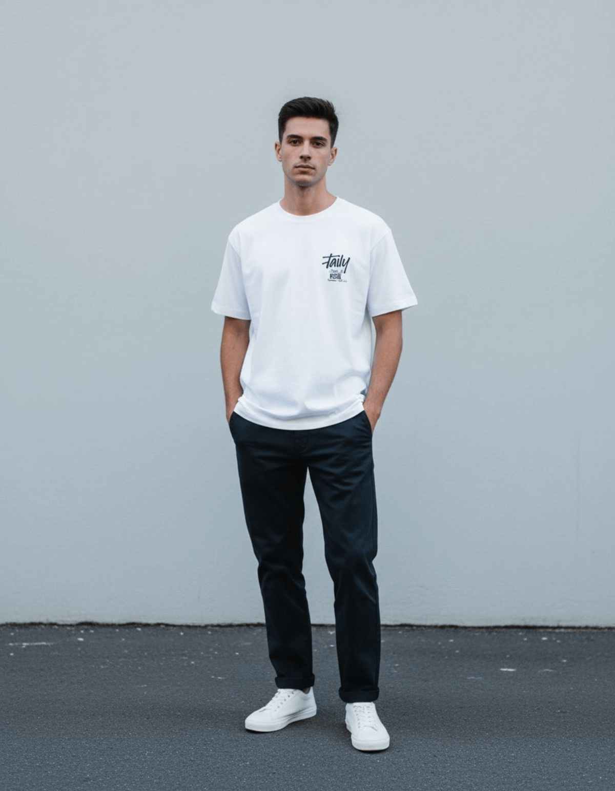 Model wearing Taily Feel It Real Boxy Tee – White, a streetwear boxy t-shirt with logo, paired with dark pants.