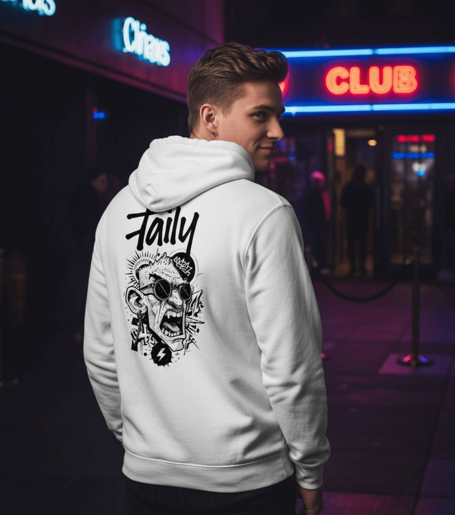 Model wearing Taily Rage streetwear graphic hoodie white with bold artwork on the back, showcasing urban style.