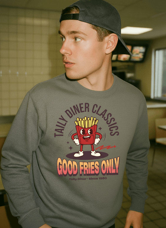 Model wearing the Good Fries Only Sweatshirt – Taily Diner (Grey) featuring a retro fry mascot design.