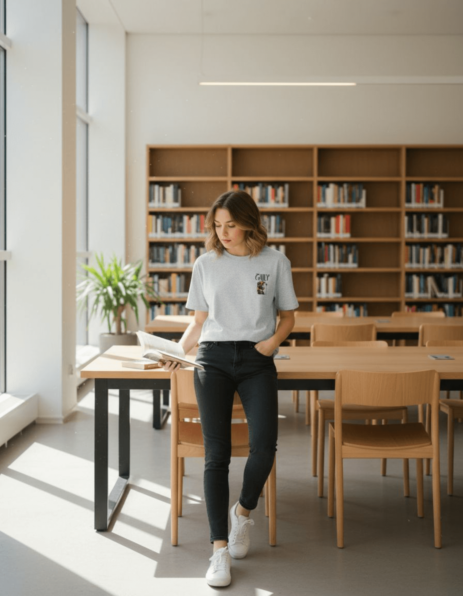 Woman wearing a vintage boxy t-shirt in athletic gray while reading in a library setting.