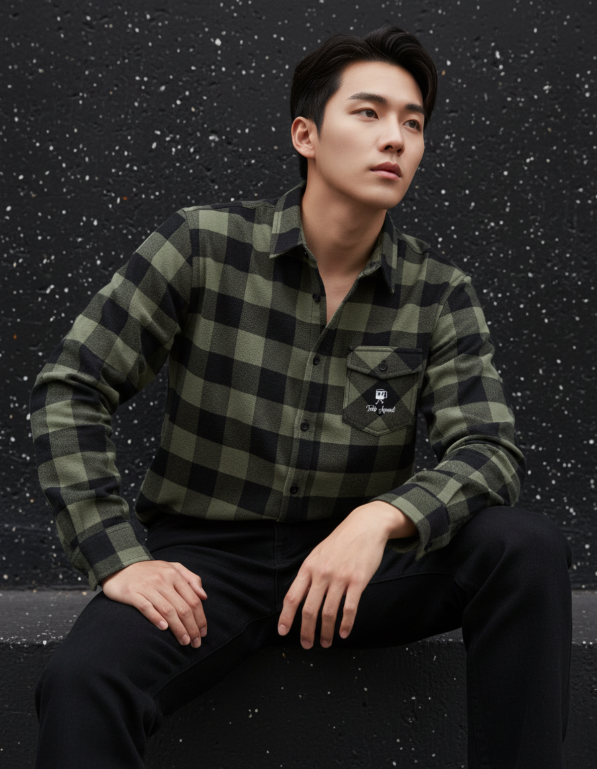 Model wearing the Taily Coffee flannel shirt in Olive with buffalo plaid pattern, featuring embroidered front pocket.