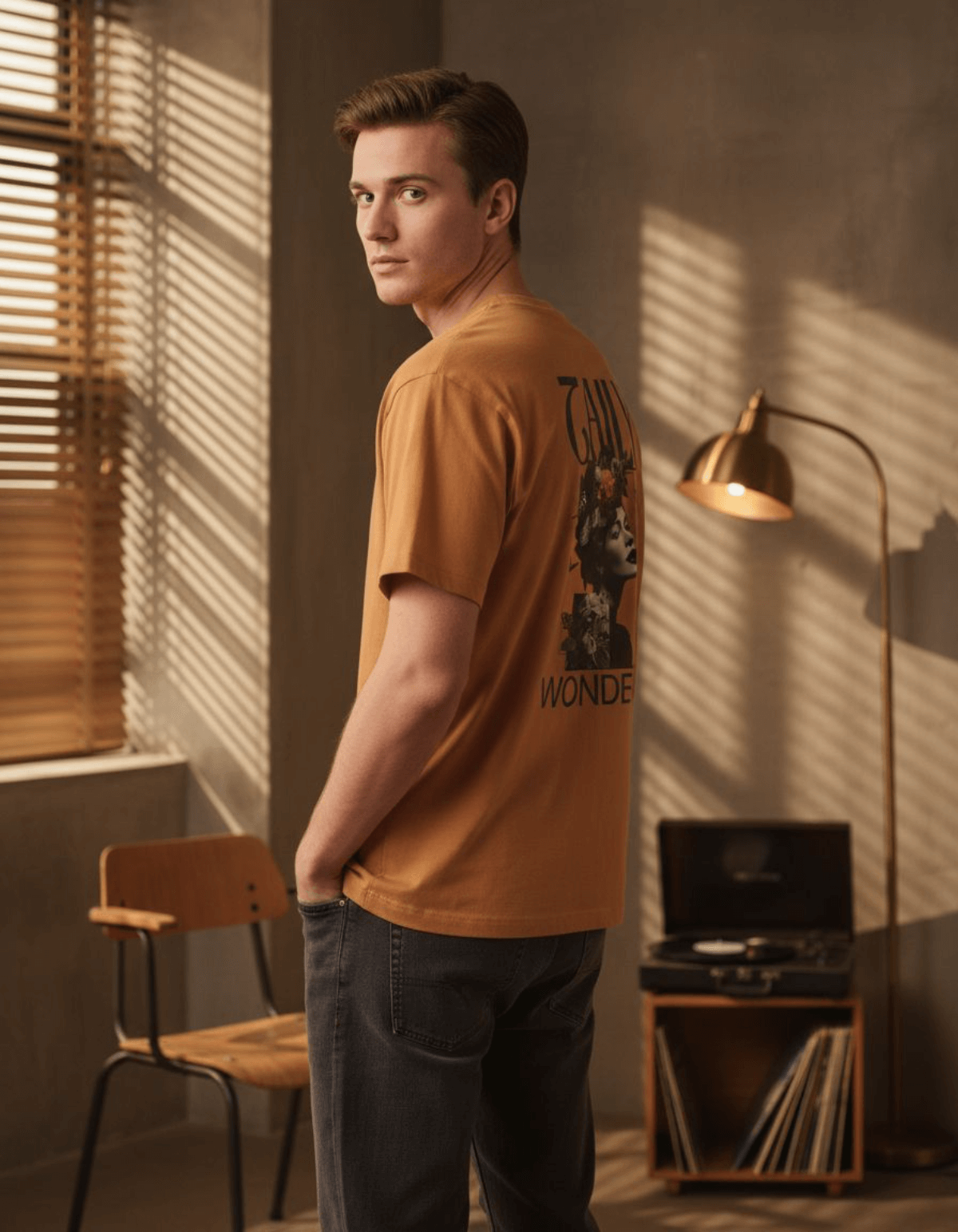 Model wearing Taily Wonders vintage boxy t-shirt in toast, showcasing floral and butterfly design on back.