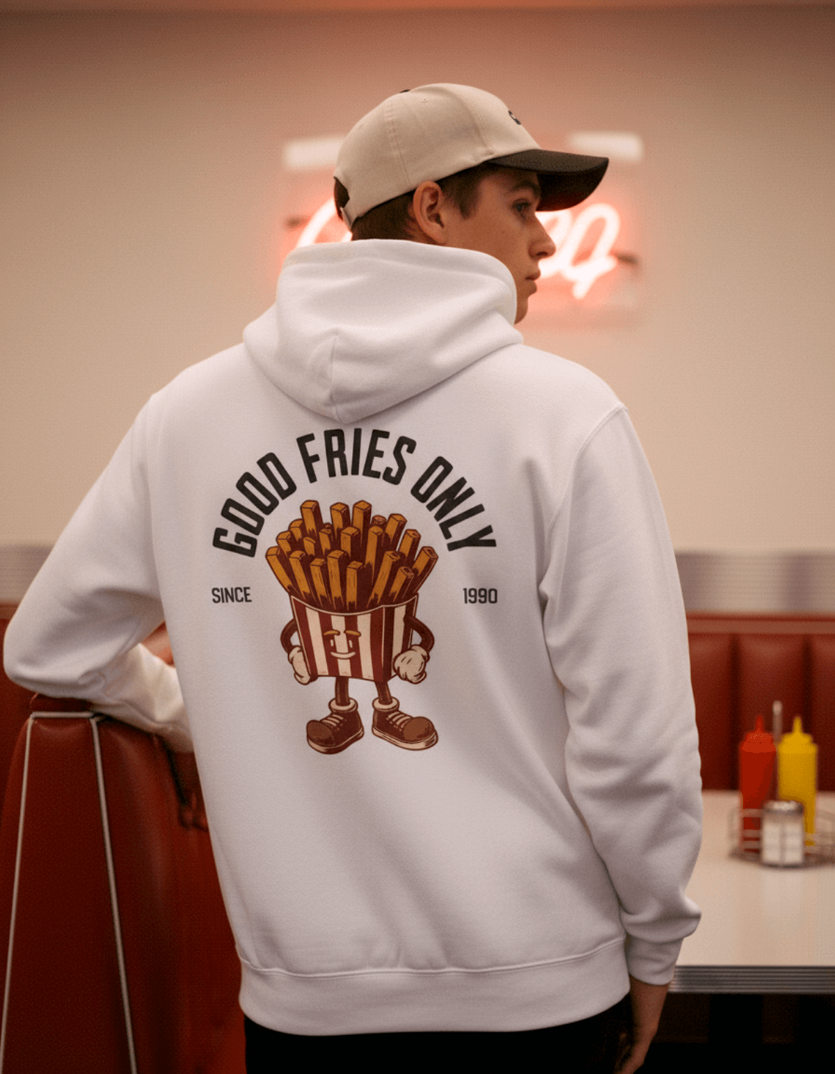 Good Fries Only Retro French Fries Hoodie – White worn by a person showing the retro fries character on the back.