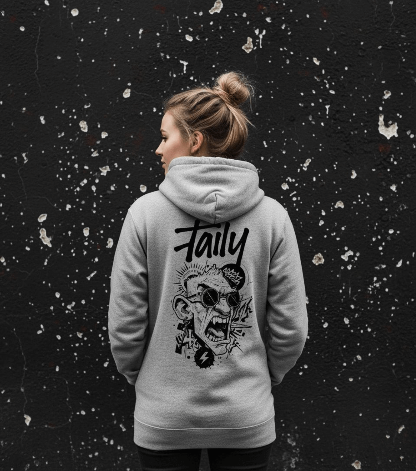 Taily Rage streetwear graphic hoodie in grey with bold back artwork and stylish front logo.