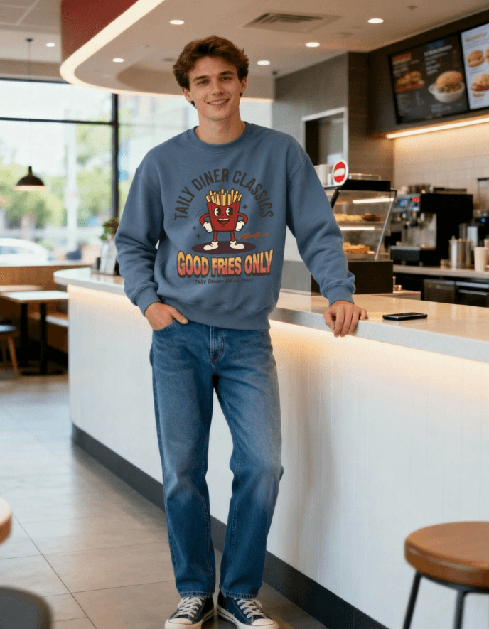 Model wearing Good Fries Only Sweatshirt – Taily Diner (Blue Jean) in a diner setting, styled for a retro vibe.