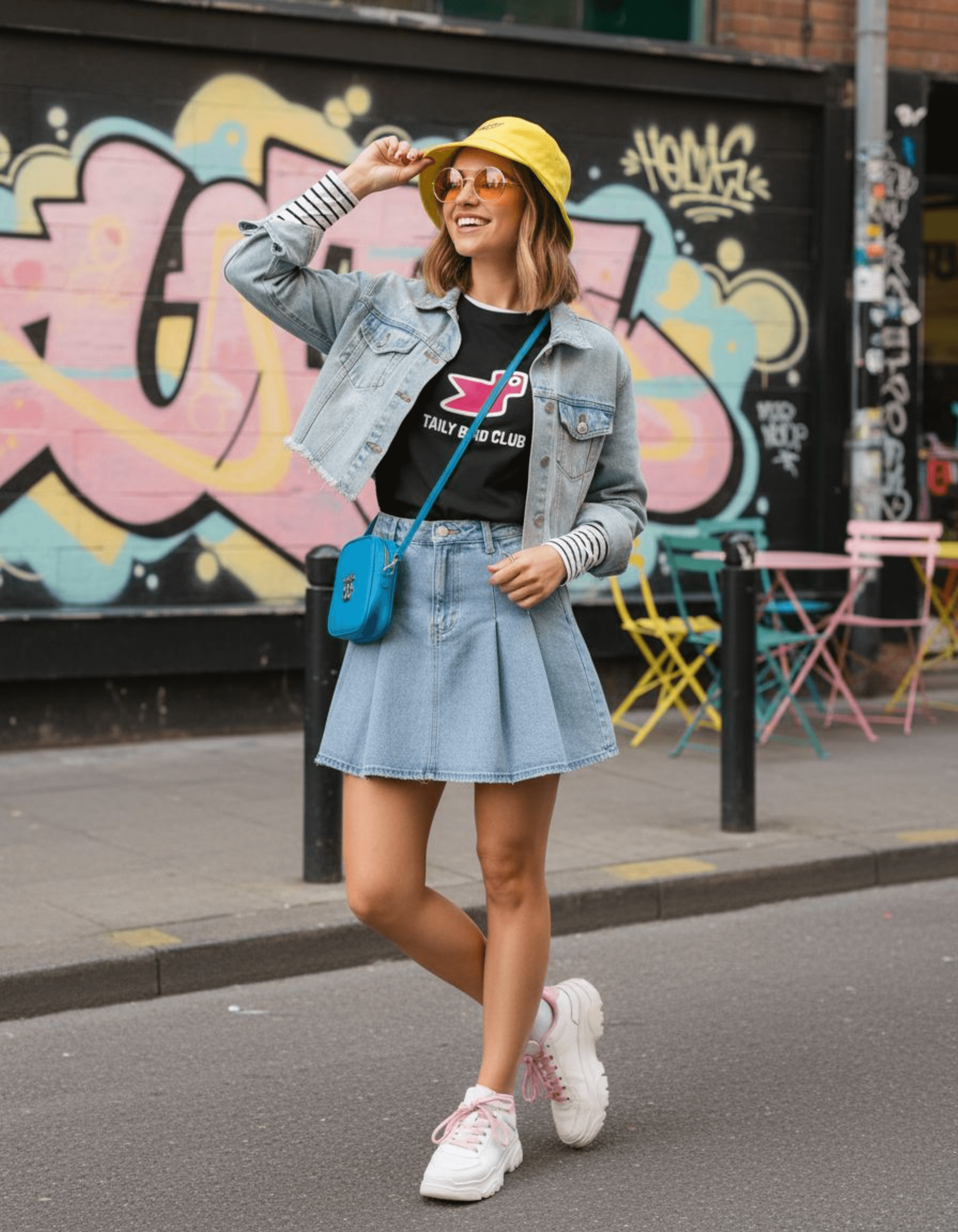 Model wearing Taily Bird Club Streetwear Boxy T-Shirt in black with yellow hat and denim skirt.