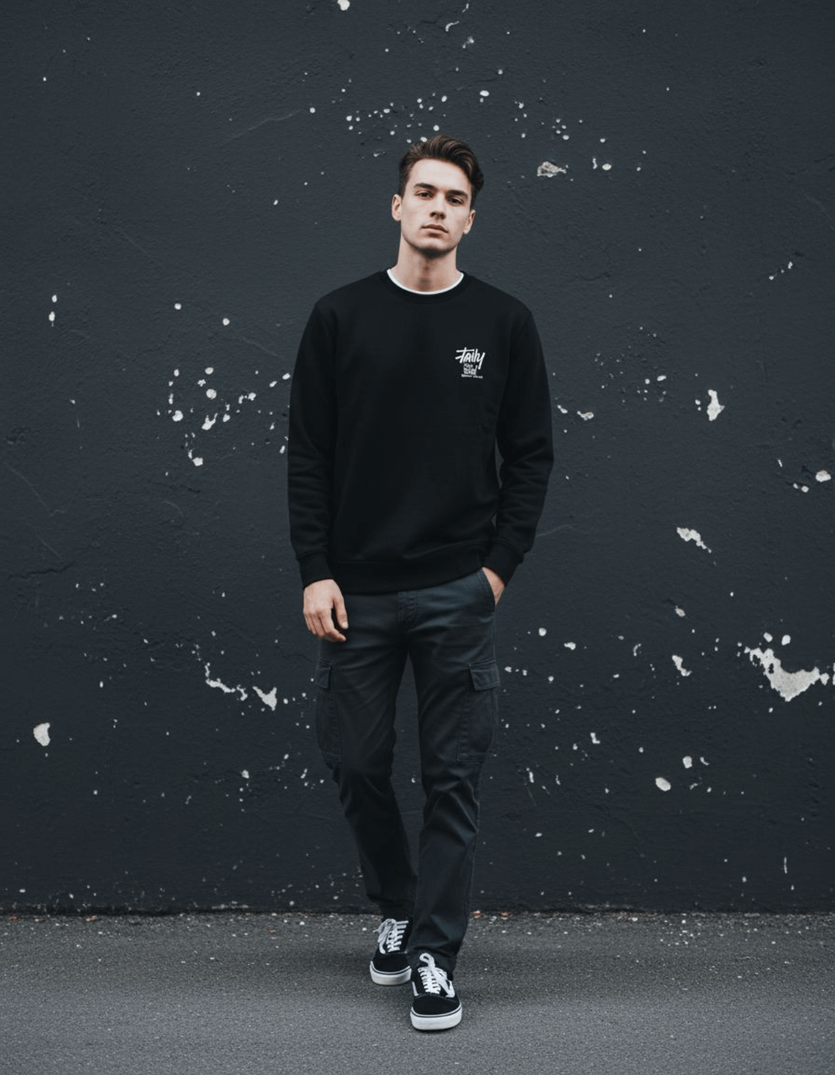 Model wearing Taily Feel It Real Sweatshirt – Black, a streetwear graphic sweatshirt, against a textured wall.