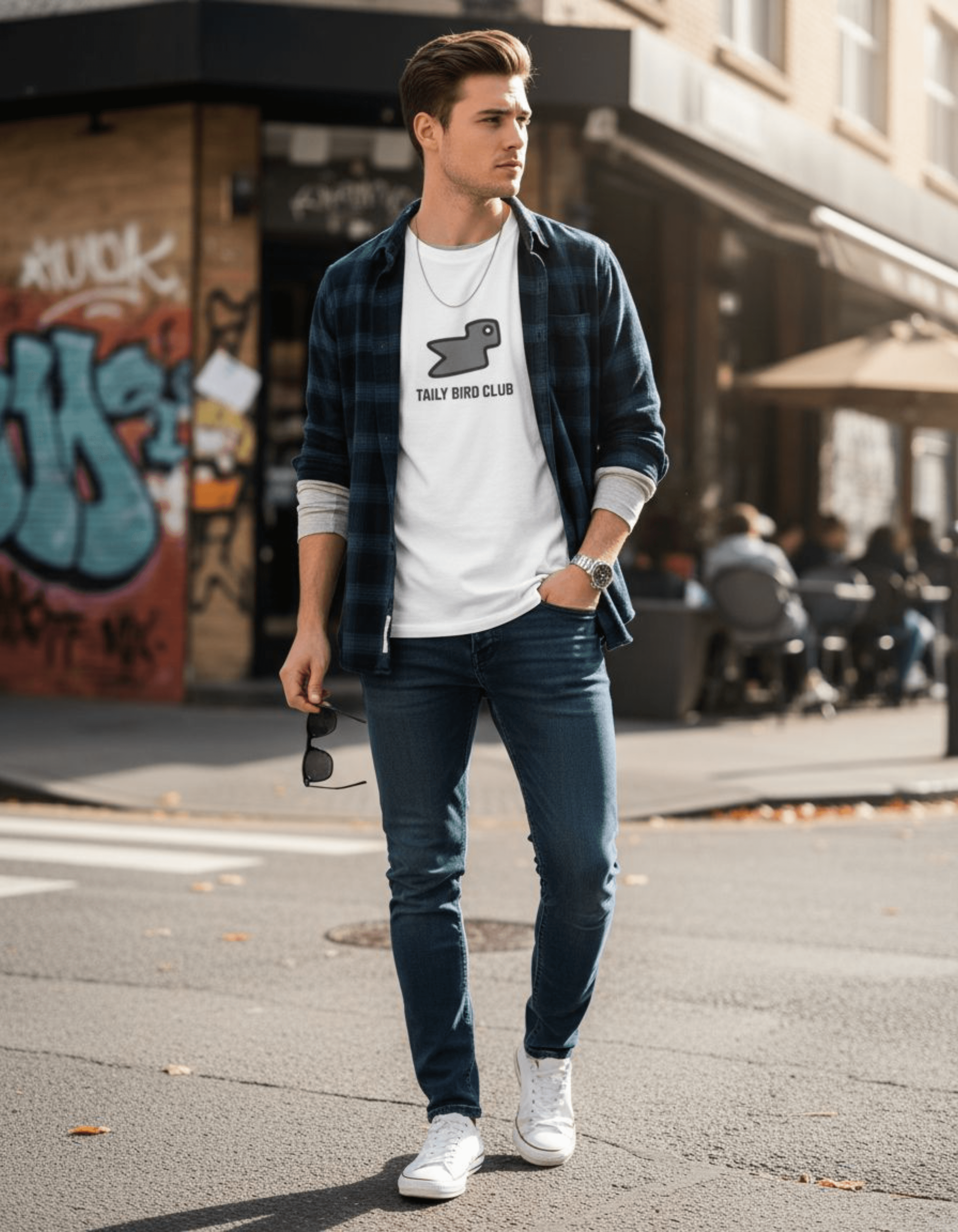 Young man wearing Taily Bird Club Streetwear Boxy T-Shirt in white with grey bird graphic, paired with jeans.