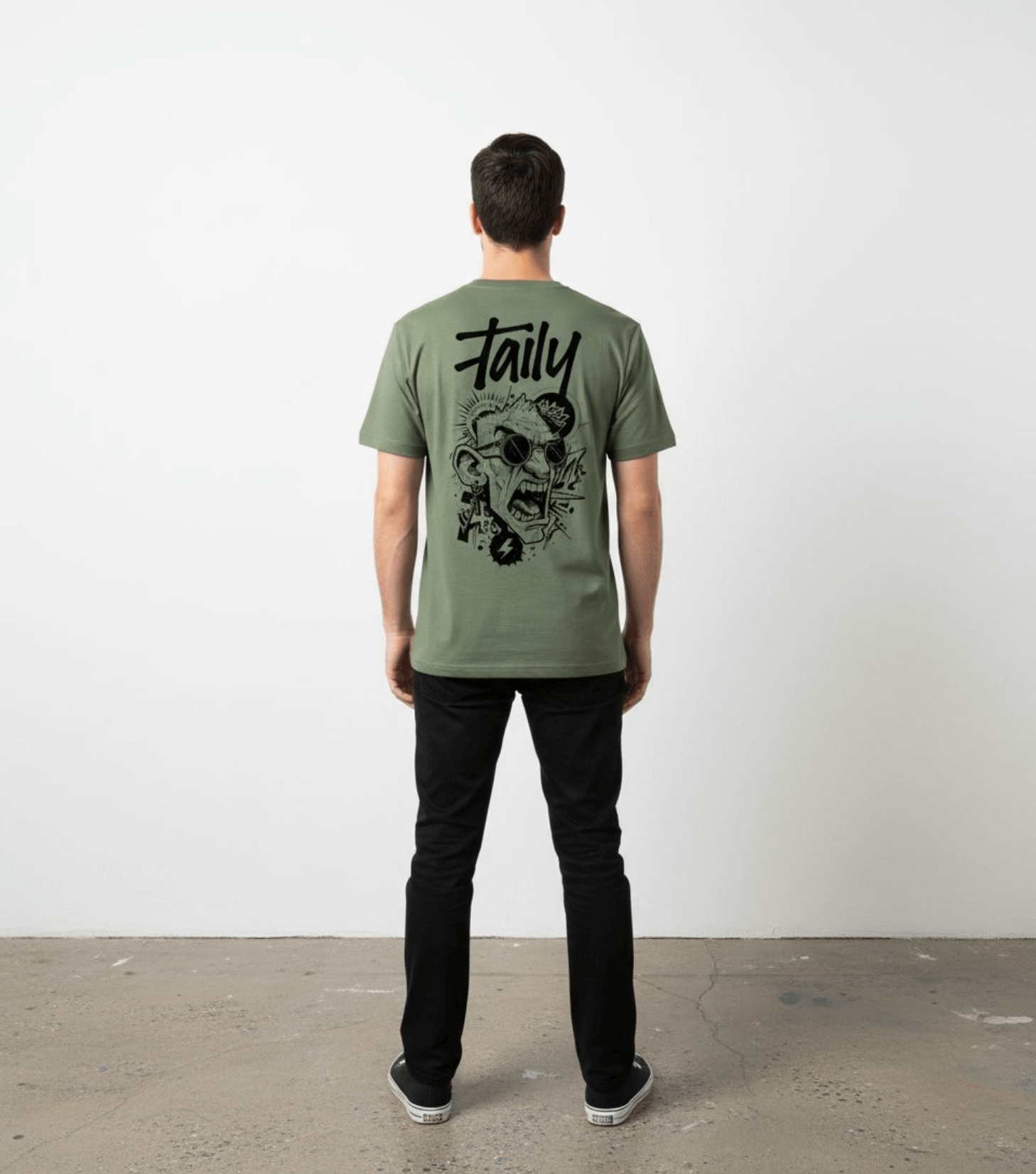 Taily Rage streetwear graphic t-shirt in light green with back print on model