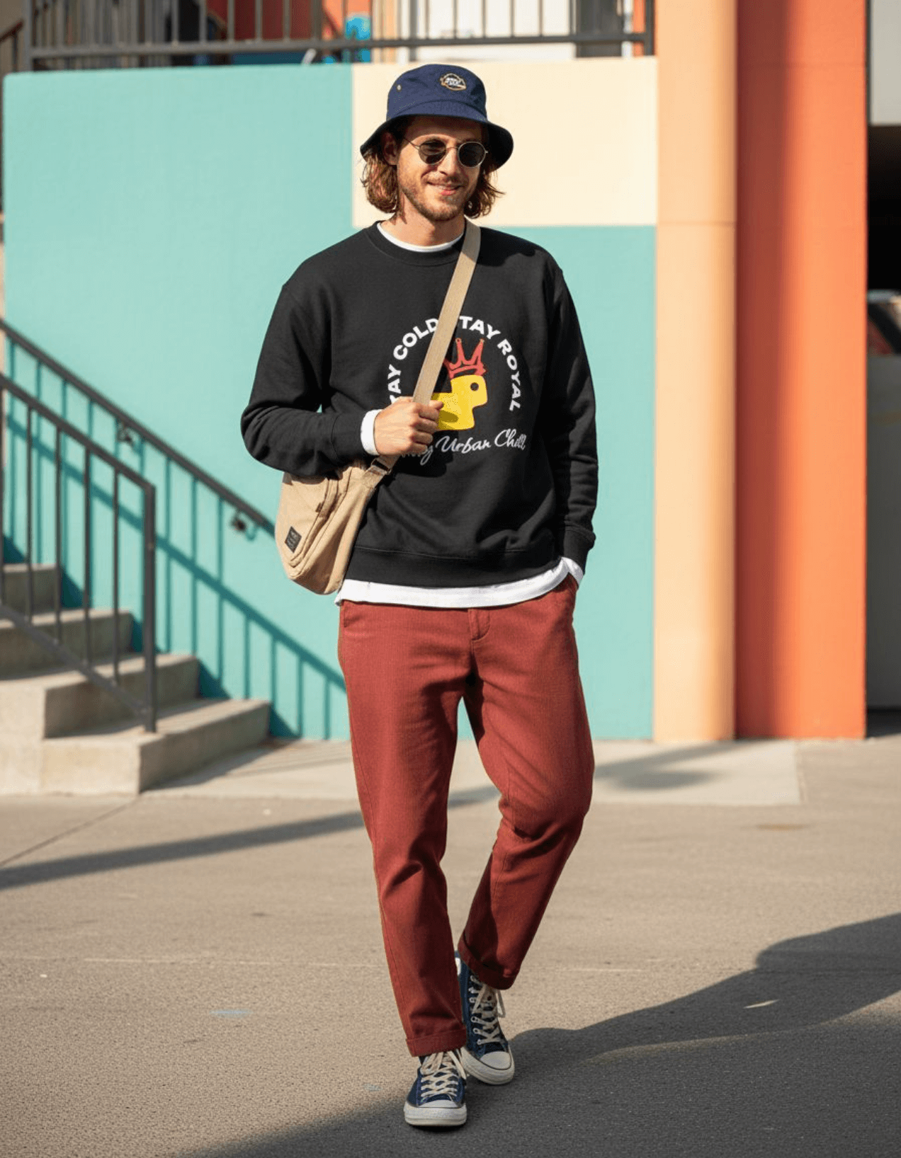 Man wearing Taily Bird Stay Cold Stay Royal Streetwear Graphic Sweatshirt in black with crowned logo and stylish pants.