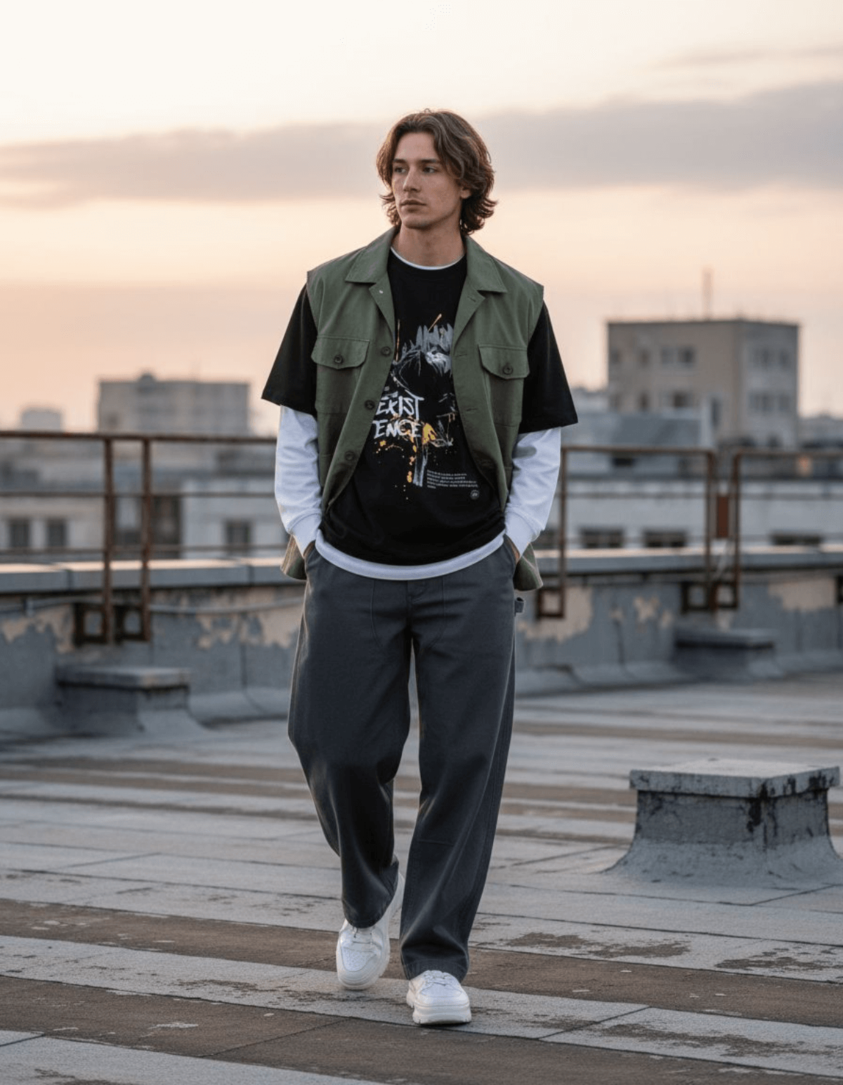Model wearing Taily 'Existence' Streetwear Oversized T-Shirt in black with layered outfit on rooftop.