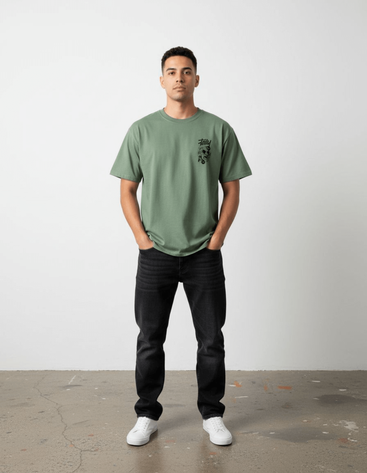 Model wearing Taily Rage streetwear graphic t-shirt in light green with logo, showcasing a casual look.