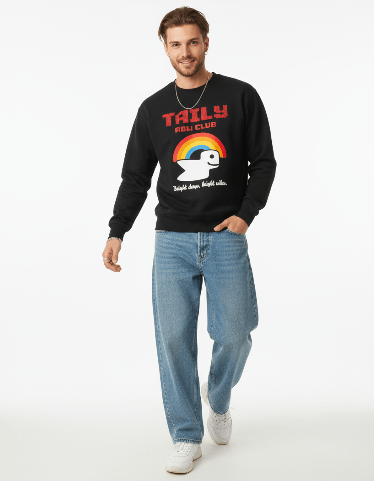 A model wearing the Taily RBW Club sweatshirt in black, featuring a rainbow design and the phrase 'Bright days, bright vibes.'