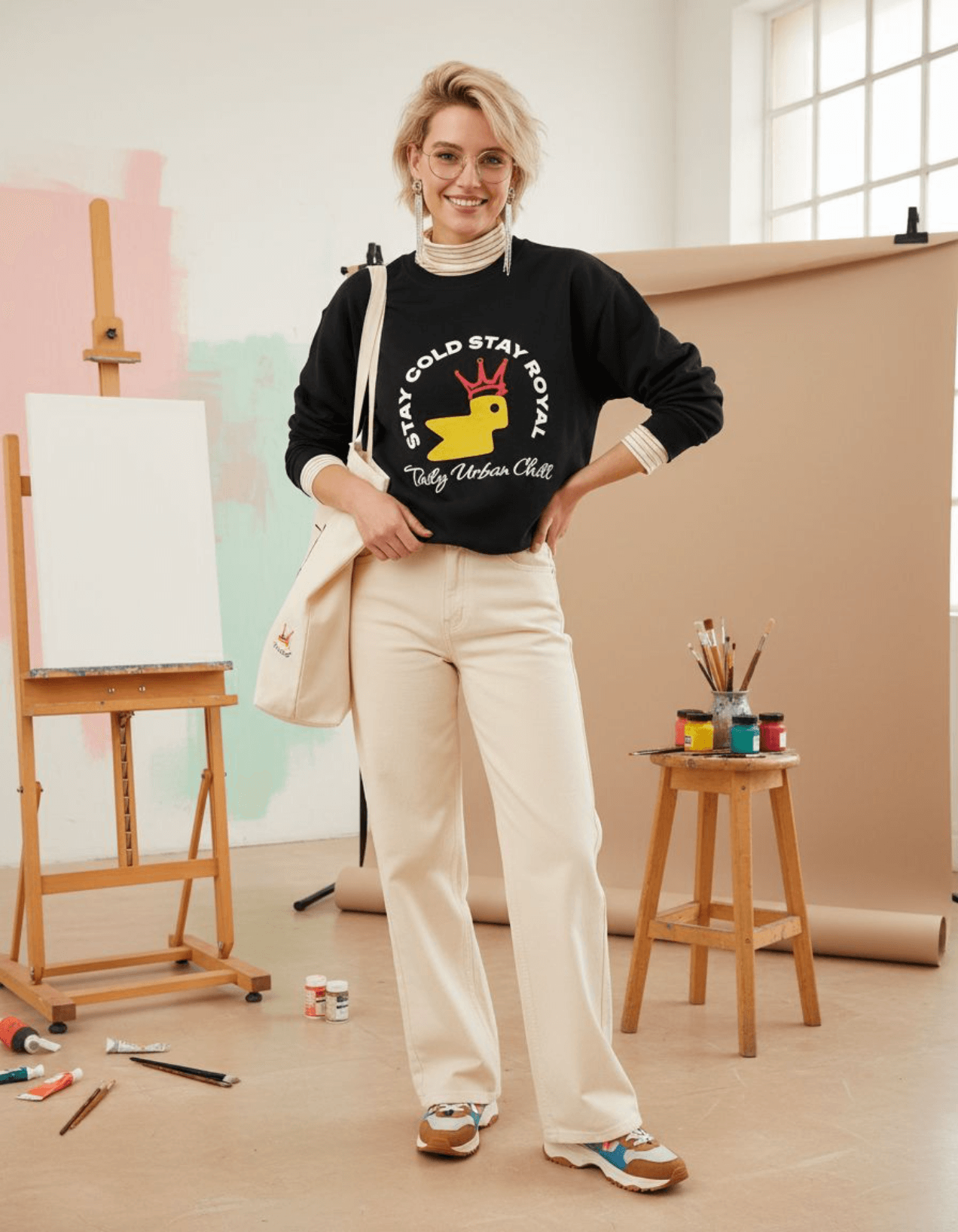 Model wearing Taily Bird Stay Cold Stay Royal Streetwear Graphic Sweatshirt in black, posing creatively in an art studio.