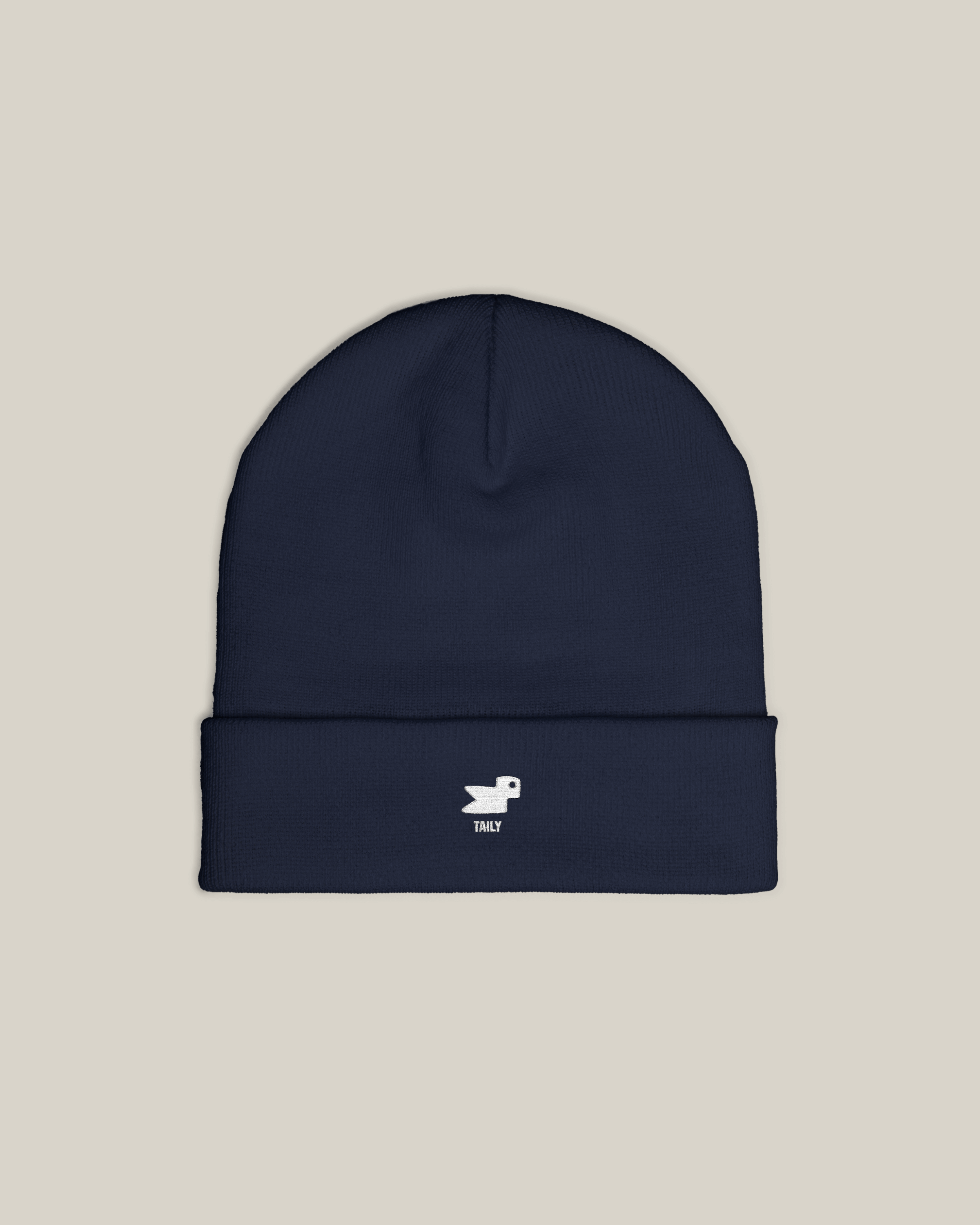 Taily Bird Knit Beanie in dark navy color featuring minimal embroidery for stylish warmth.