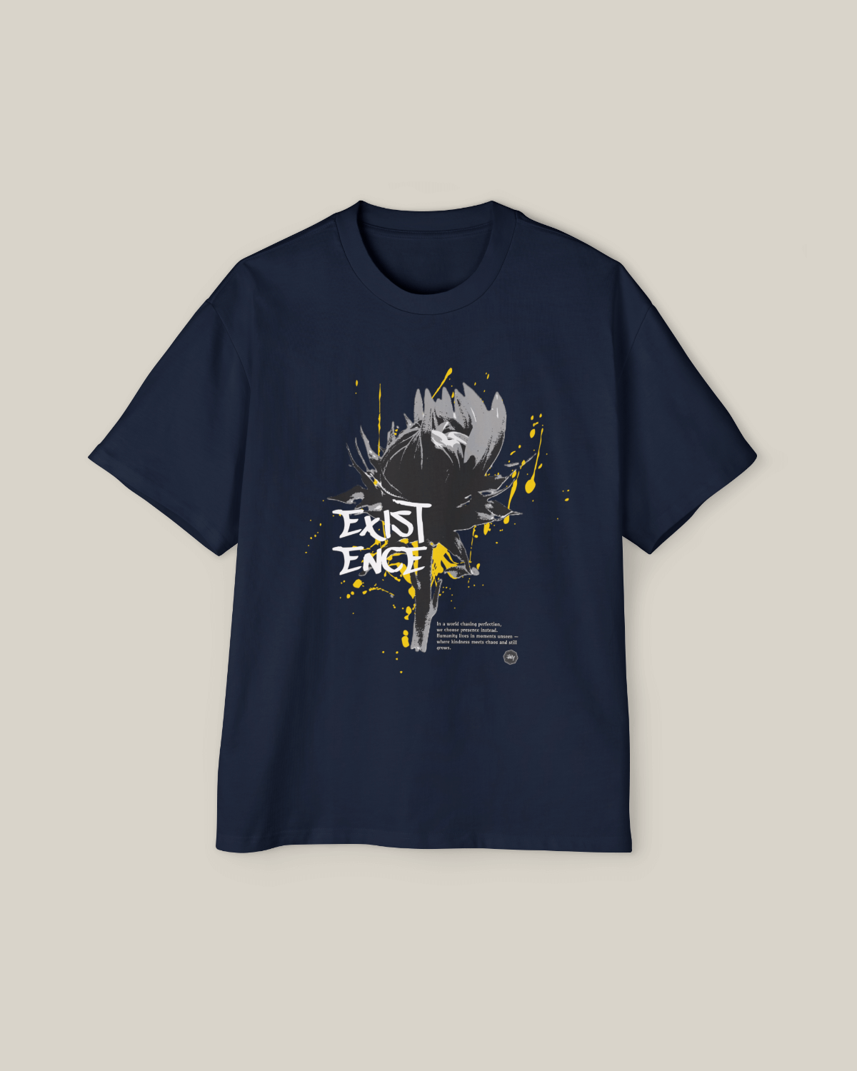 Taily Existence Streetwear Oversized T-Shirt in navy featuring abstract brush artwork and bold design.