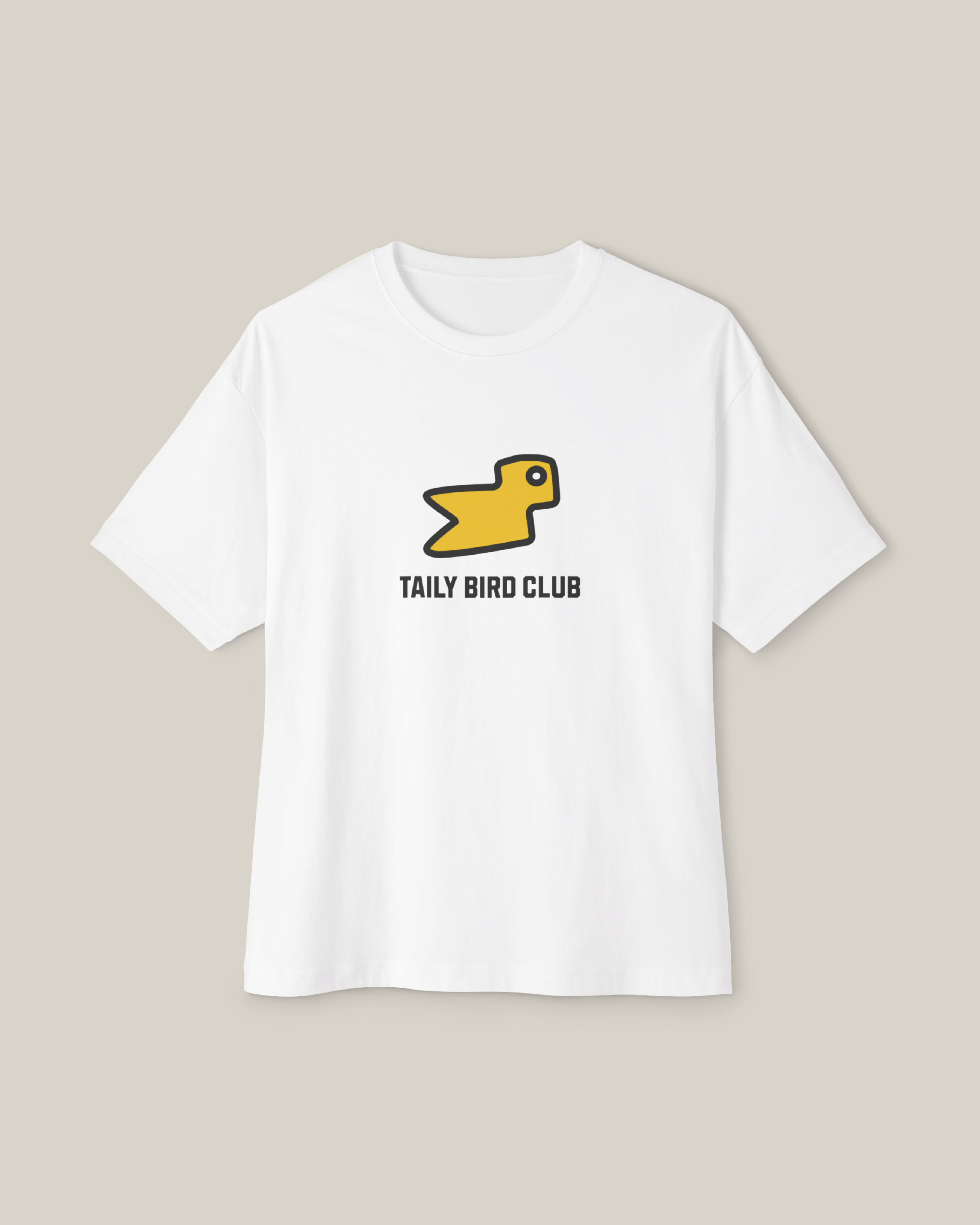 Taily Bird Club Streetwear Boxy T-Shirt in white with yellow bird graphic design.