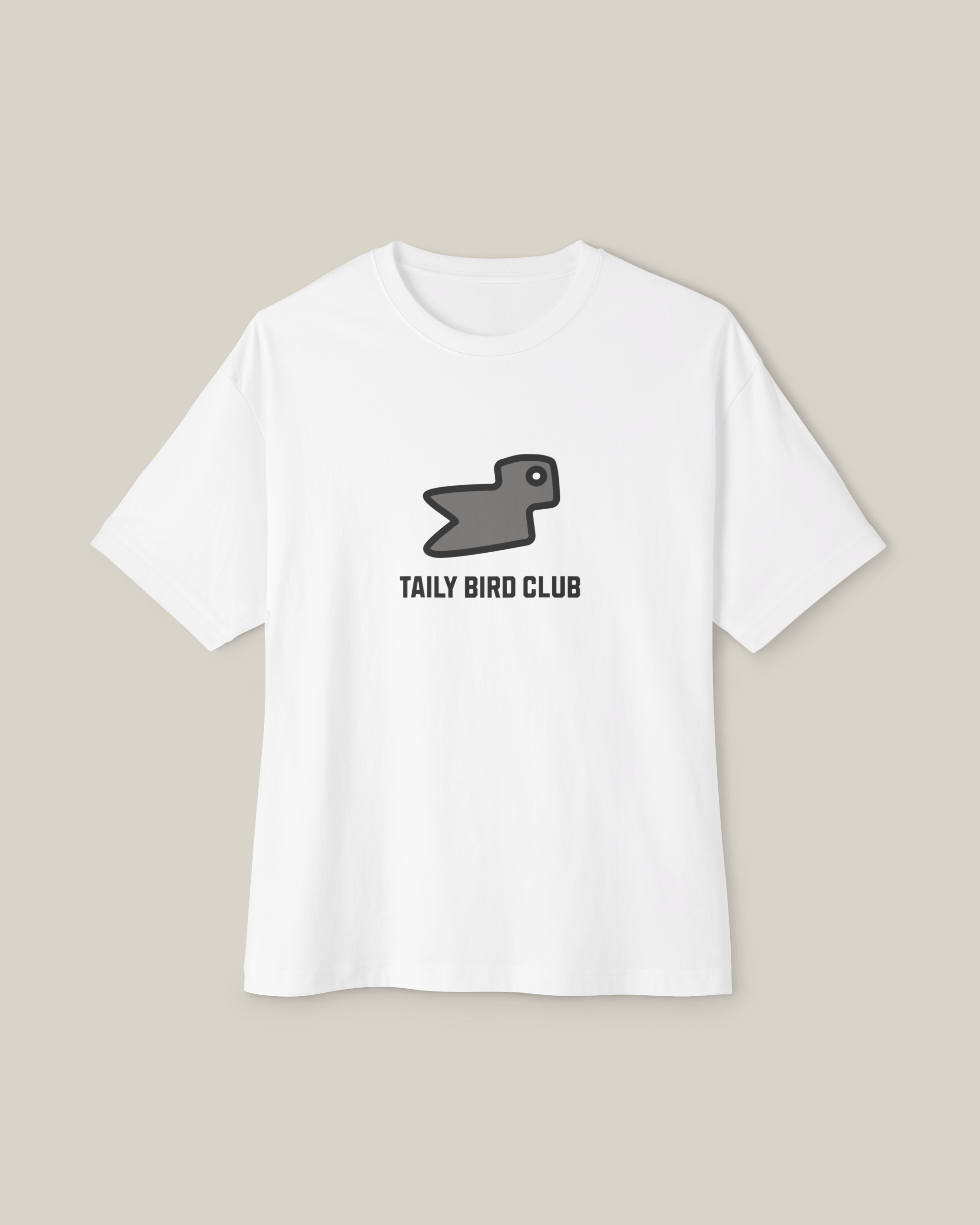 Taily Bird Club Streetwear Boxy T-Shirt in white with grey bird graphic design for casual style.
