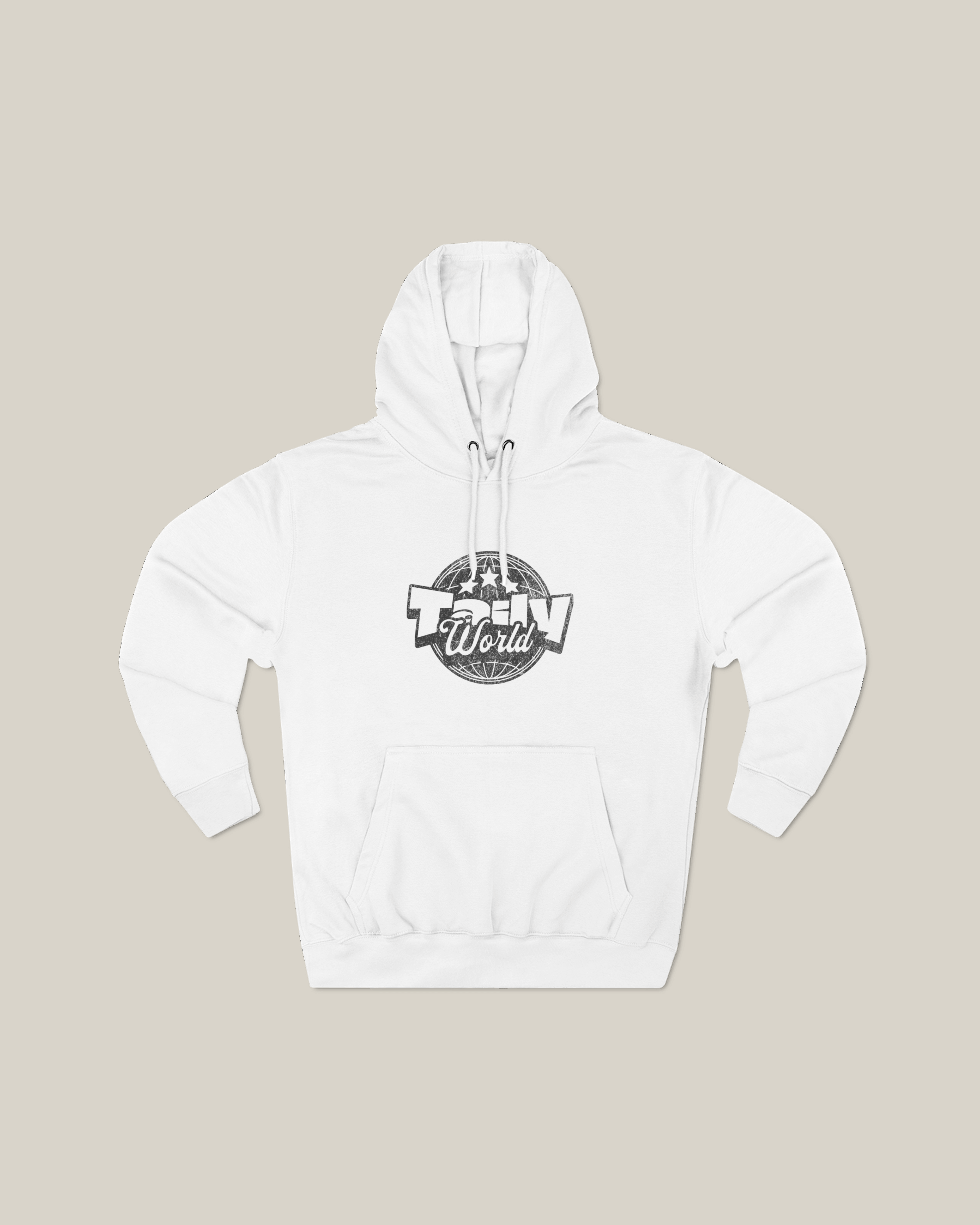 Taily World Streetwear Graphic Hoodie in white featuring a bold globe logo and three-panel hood.