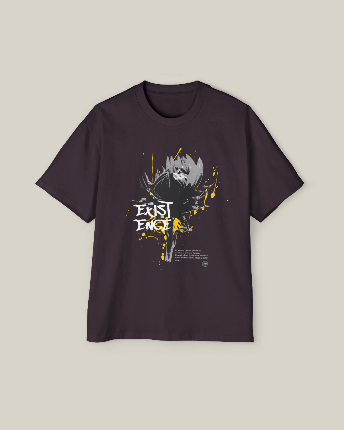 Taily 'Existence' Streetwear Oversized T-Shirt in plum with abstract brush artwork and bold design.