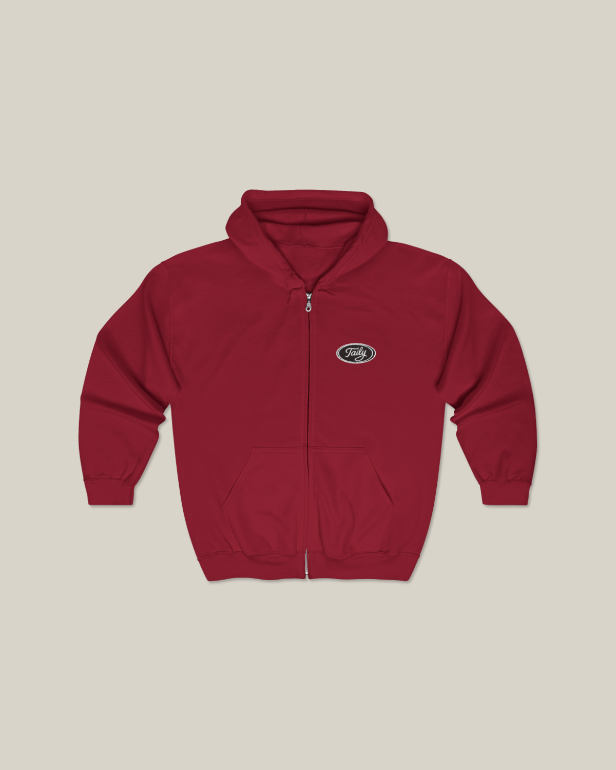 Taily Zip Hoodie – Classic Embroidered Streetwear in Cardinal Red with Taily logo on chest.