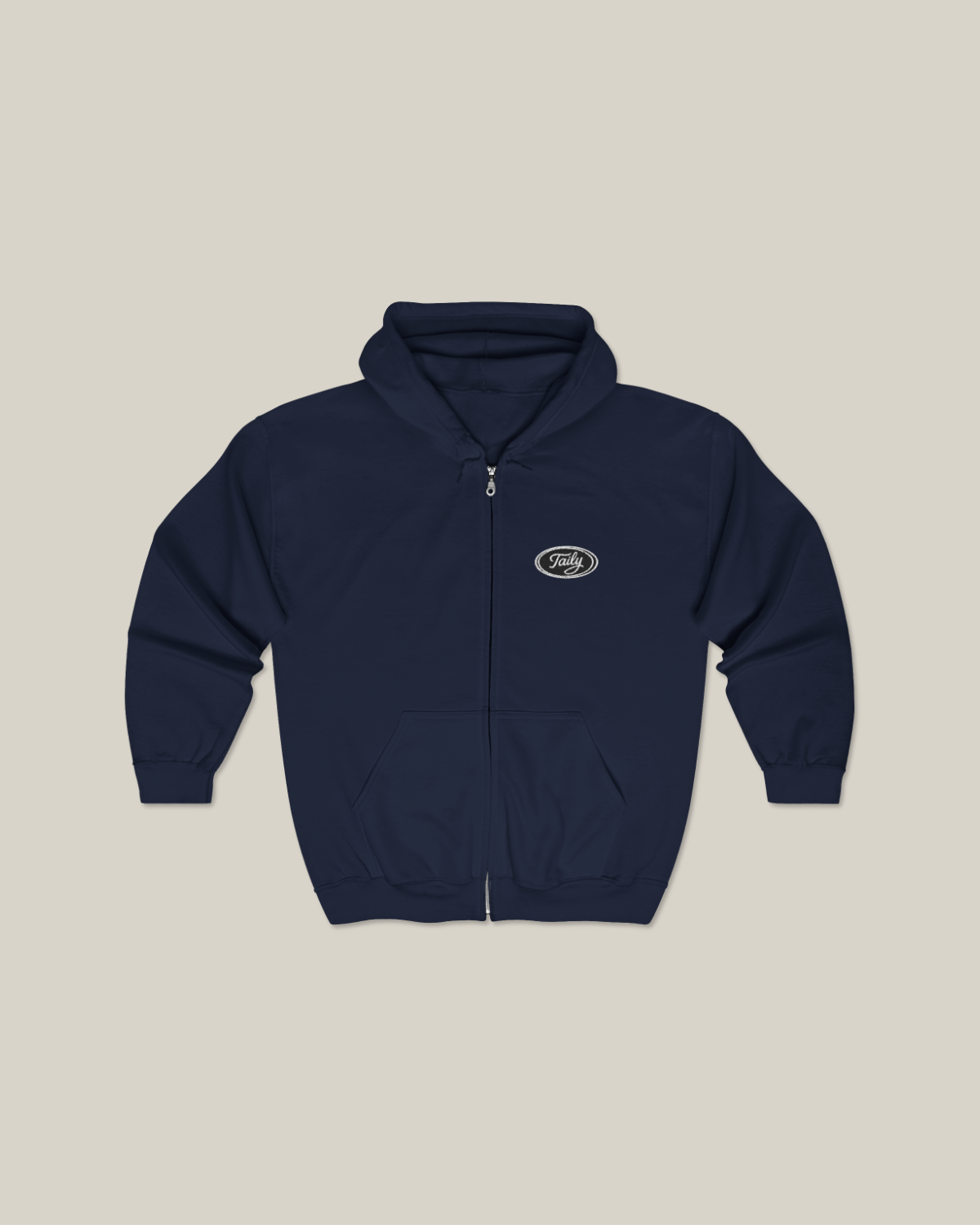 Taily Zip Hoodie – Classic Embroidered Streetwear in Navy with logo on chest.